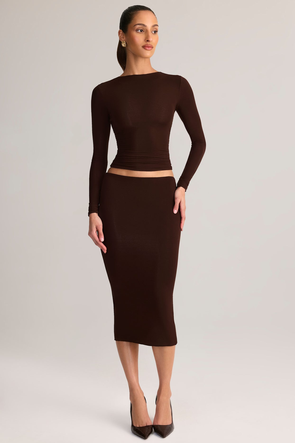 Modal Mid-Rise Pencil Midi Skirt in Chocolate Brown - 6