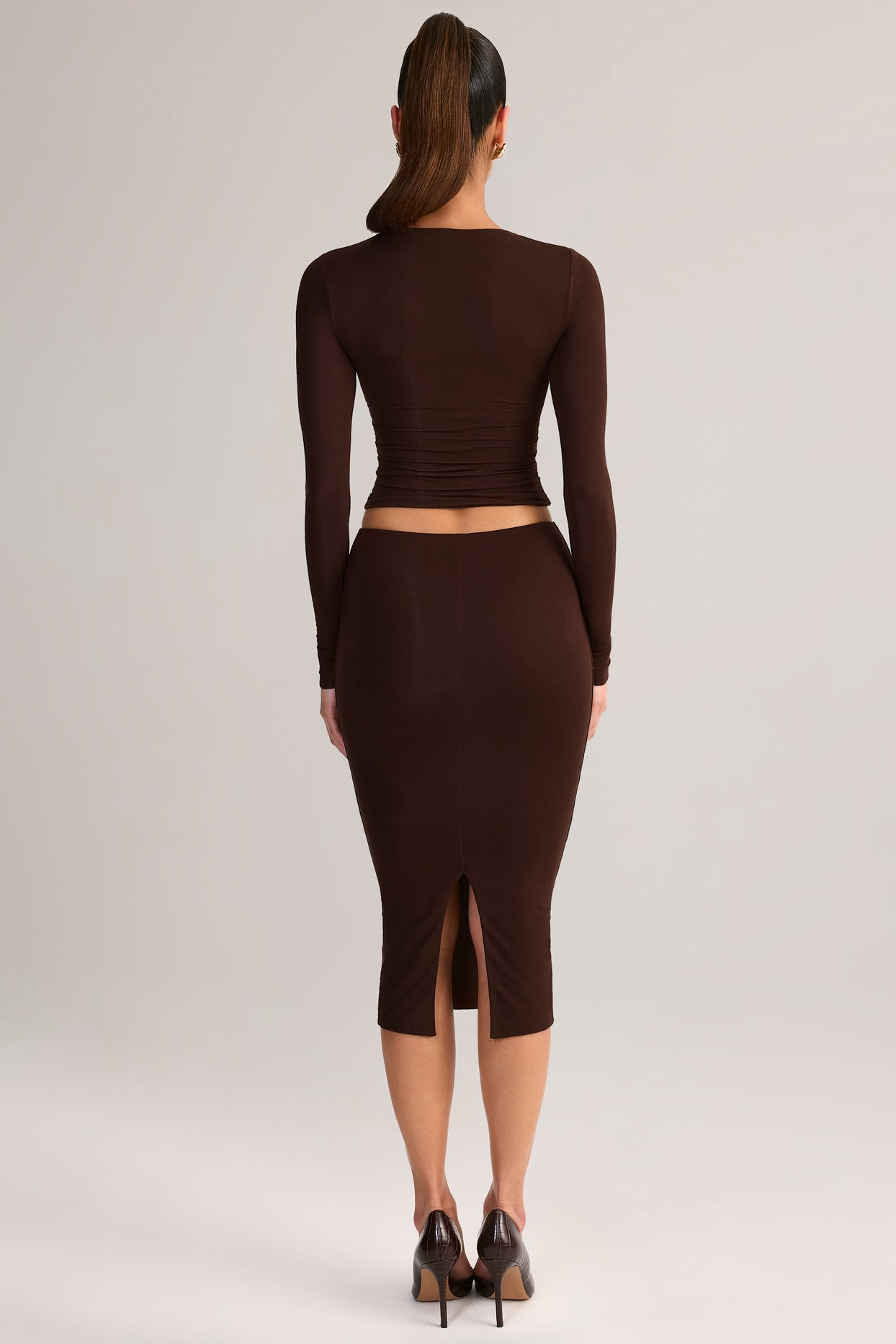 Modal Mid-Rise Pencil Midi Skirt in Chocolate Brown - 2