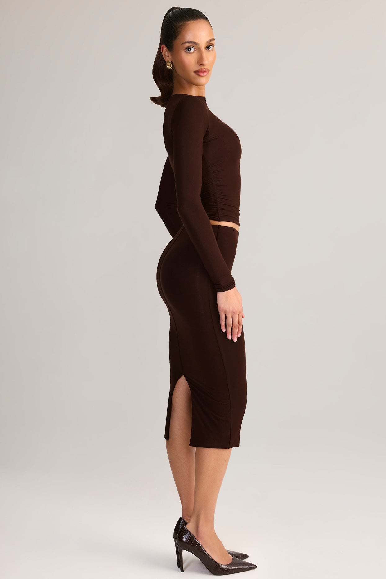 Modal Mid-Rise Pencil Midi Skirt in Chocolate Brown - 3