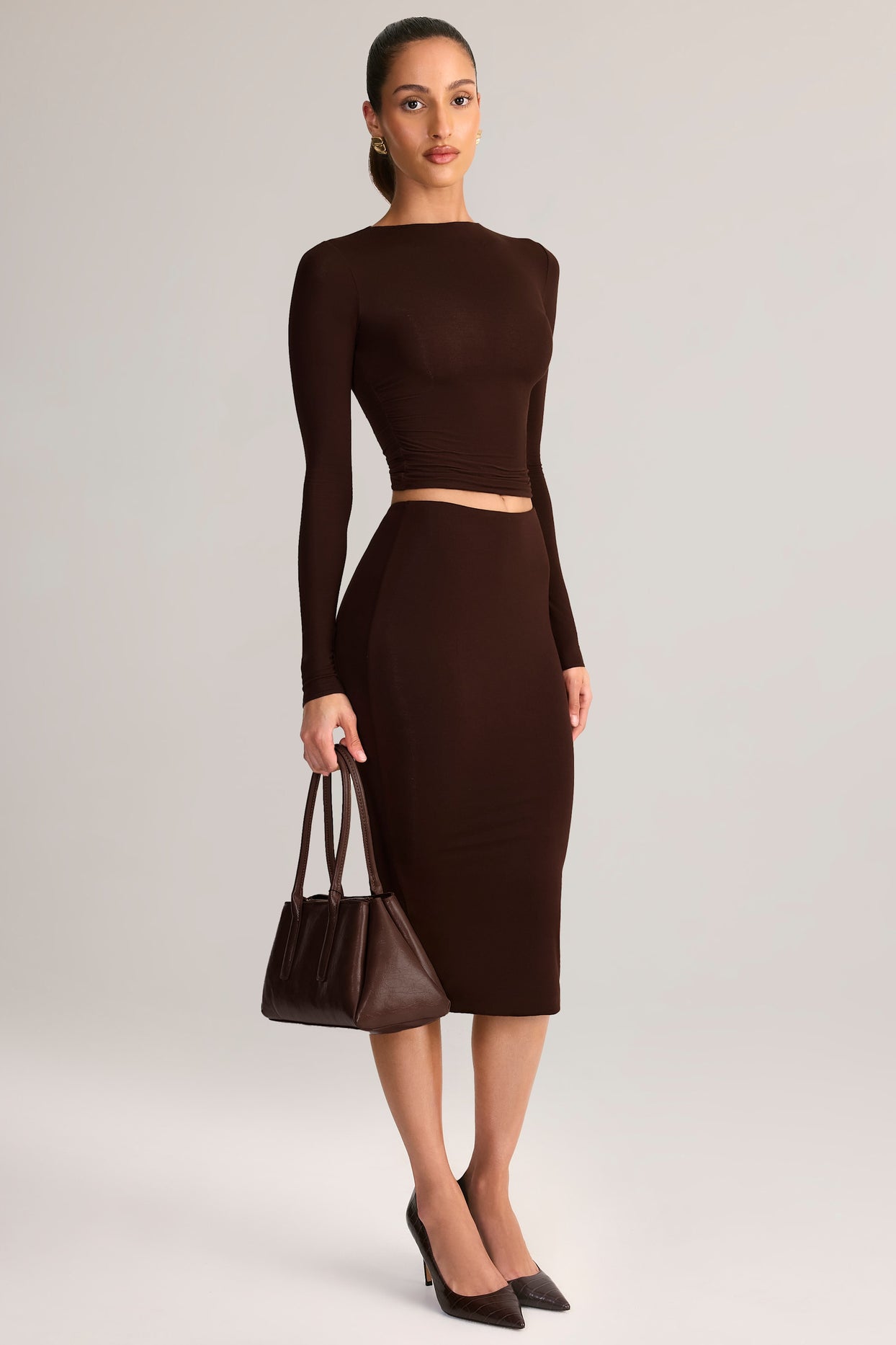 Modal Mid-Rise Pencil Midi Skirt in Chocolate Brown - 4