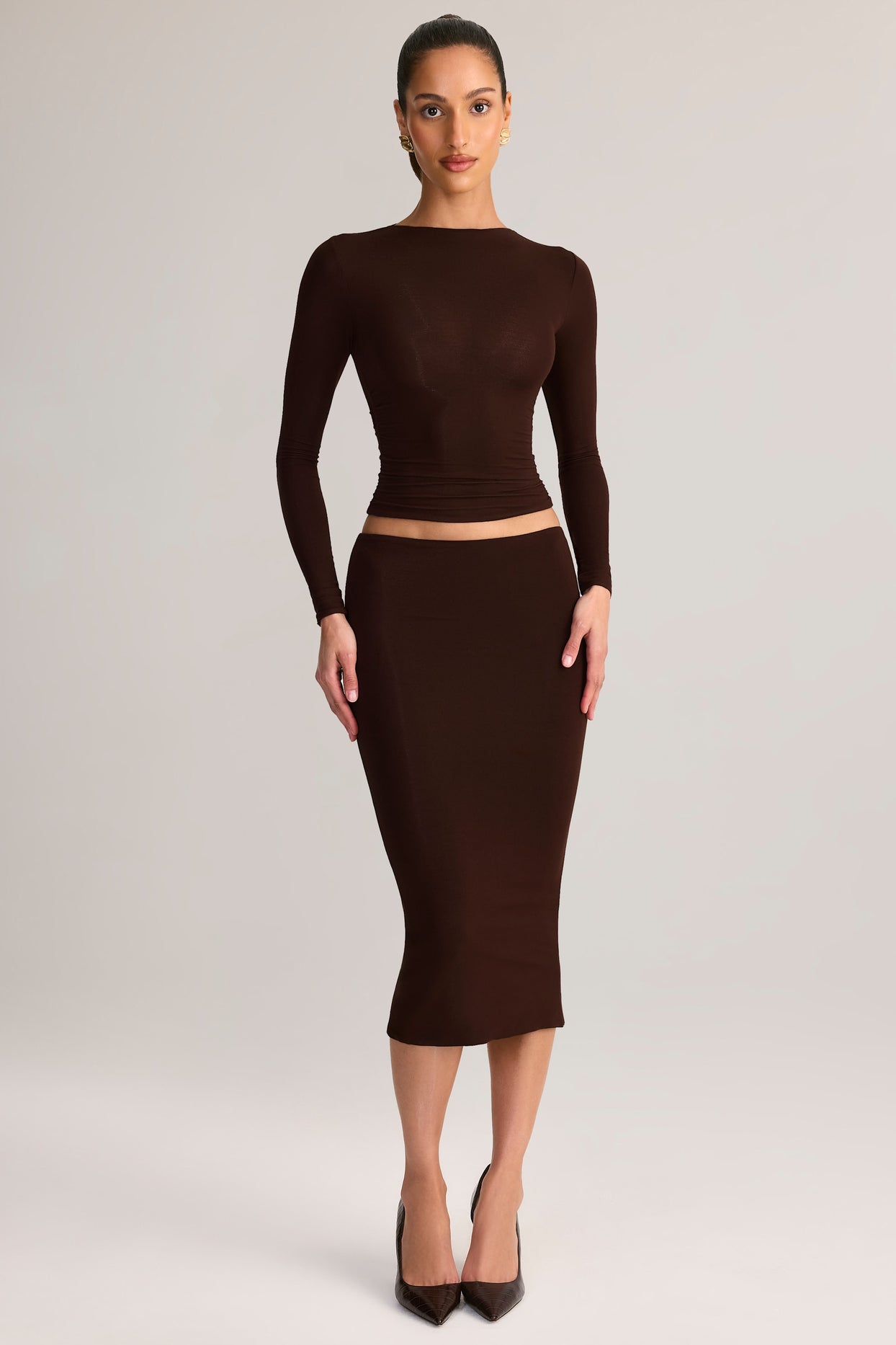 Modal Mid-Rise Pencil Midi Skirt in Chocolate Brown - 7