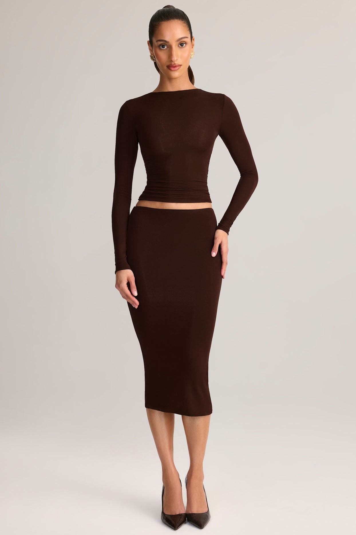Modal Mid-Rise Pencil Midi Skirt in Chocolate Brown - 1
