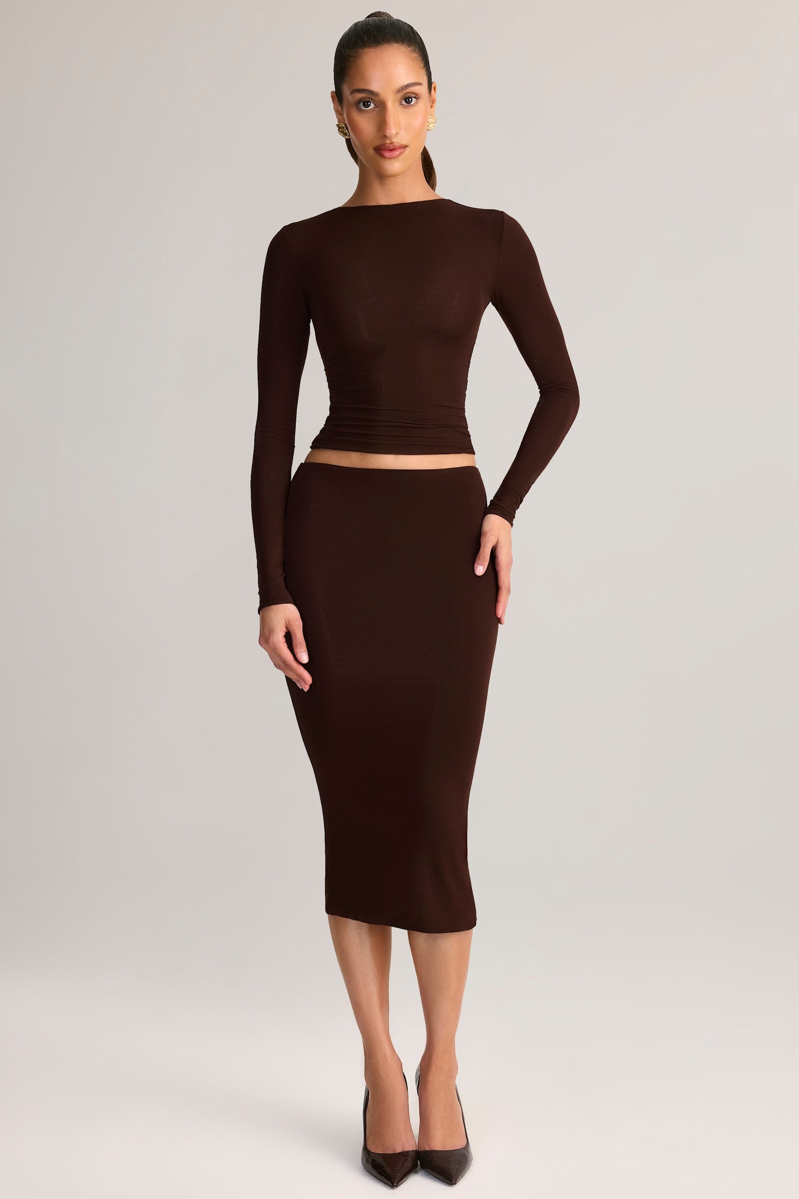 Modal Mid-Rise Pencil Midi Skirt in Chocolate Brown - 1