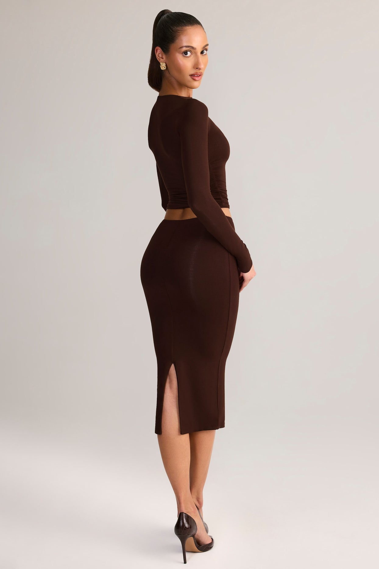 Modal Mid-Rise Pencil Midi Skirt in Chocolate Brown - 5
