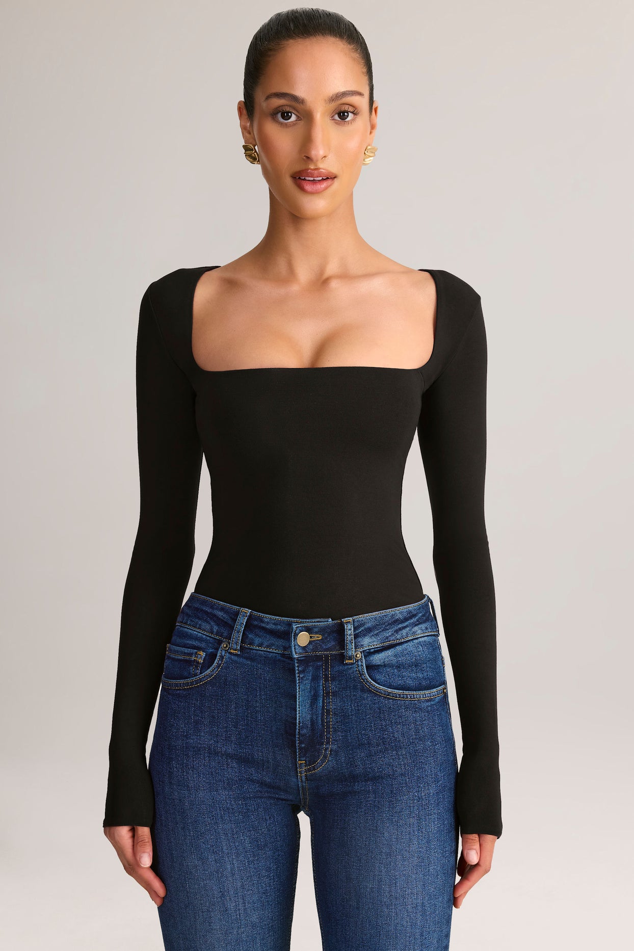 Modal Square-Neck Long-Sleeve Top in Black - 4
