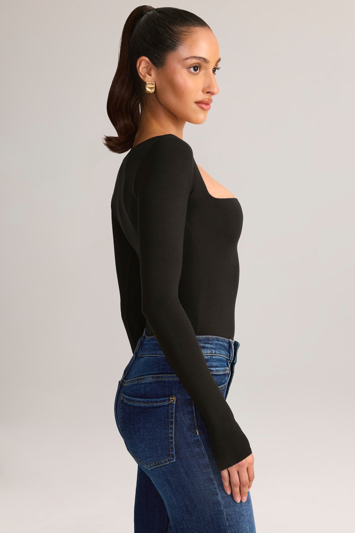 Modal Square-Neck Long-Sleeve Top in Black - 3