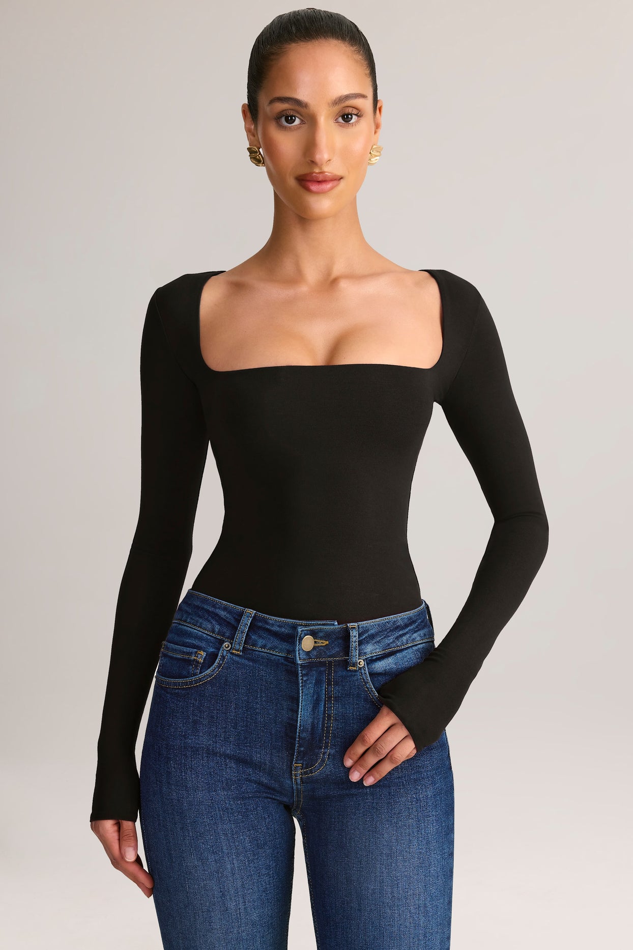 Modal Square-Neck Long-Sleeve Top in Black - 6
