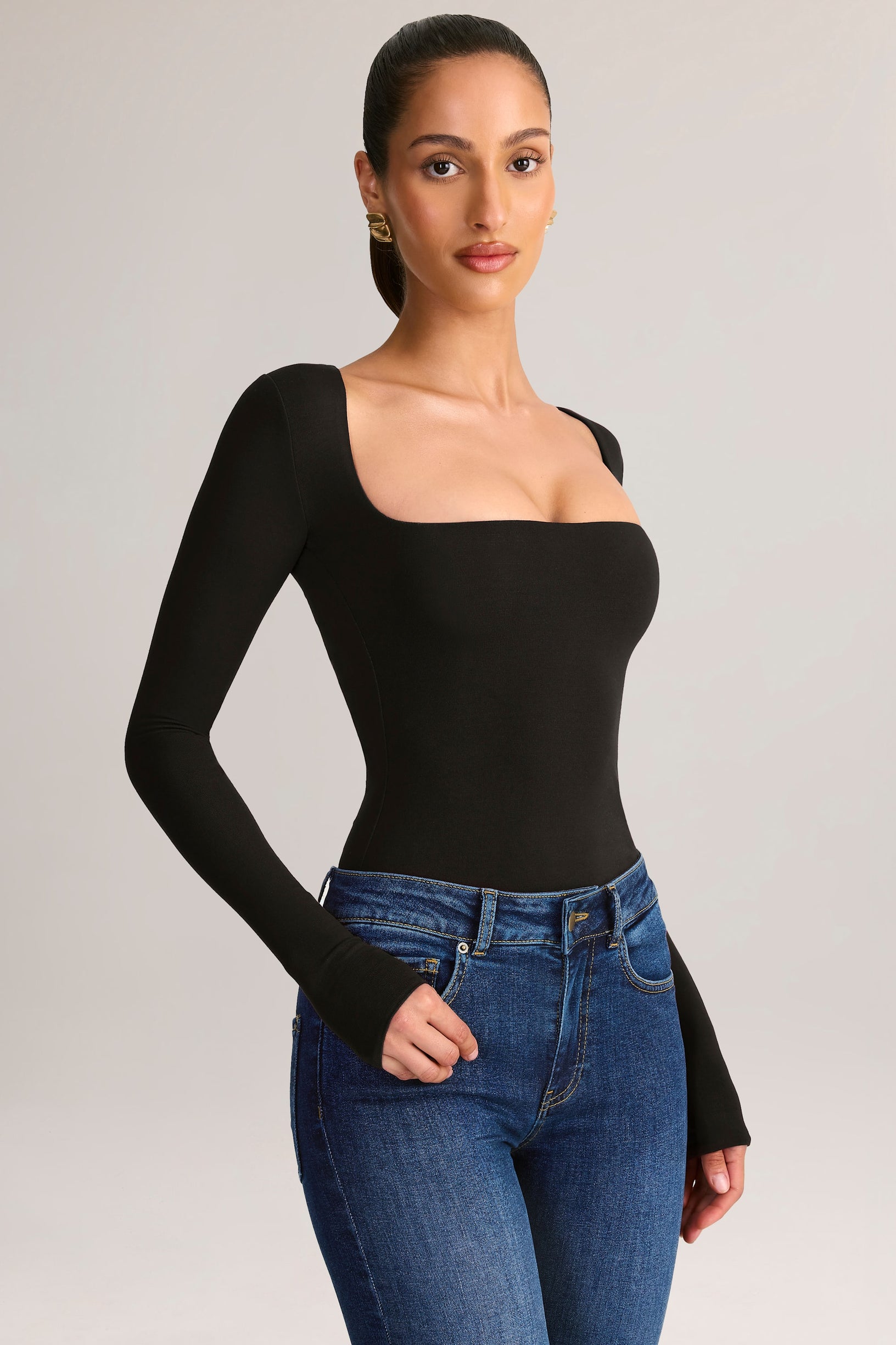 Modal Square-Neck Long-Sleeve Top in Black - 1