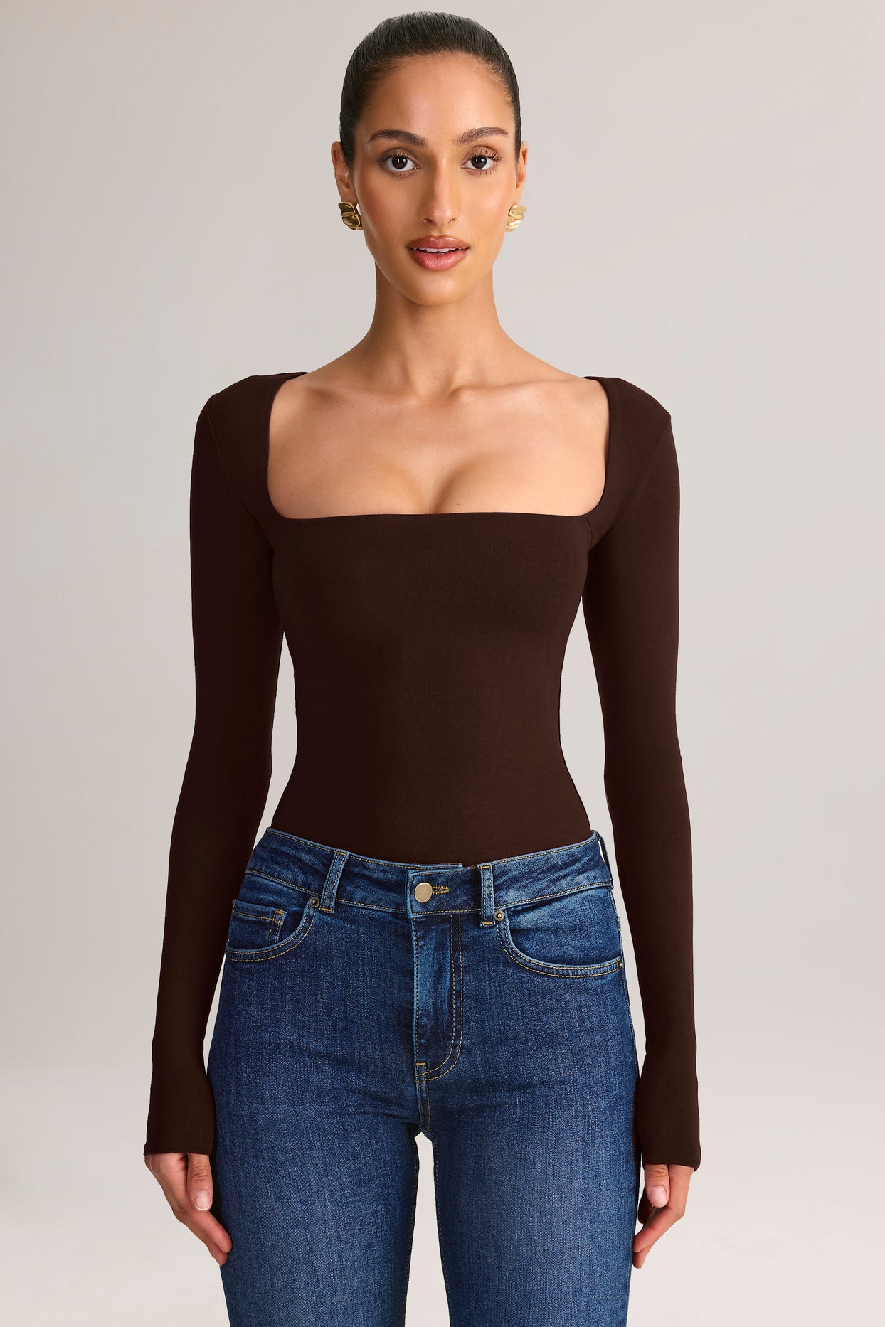 Modal Square-Neck Long-Sleeve Top in Chocolate Brown - 5