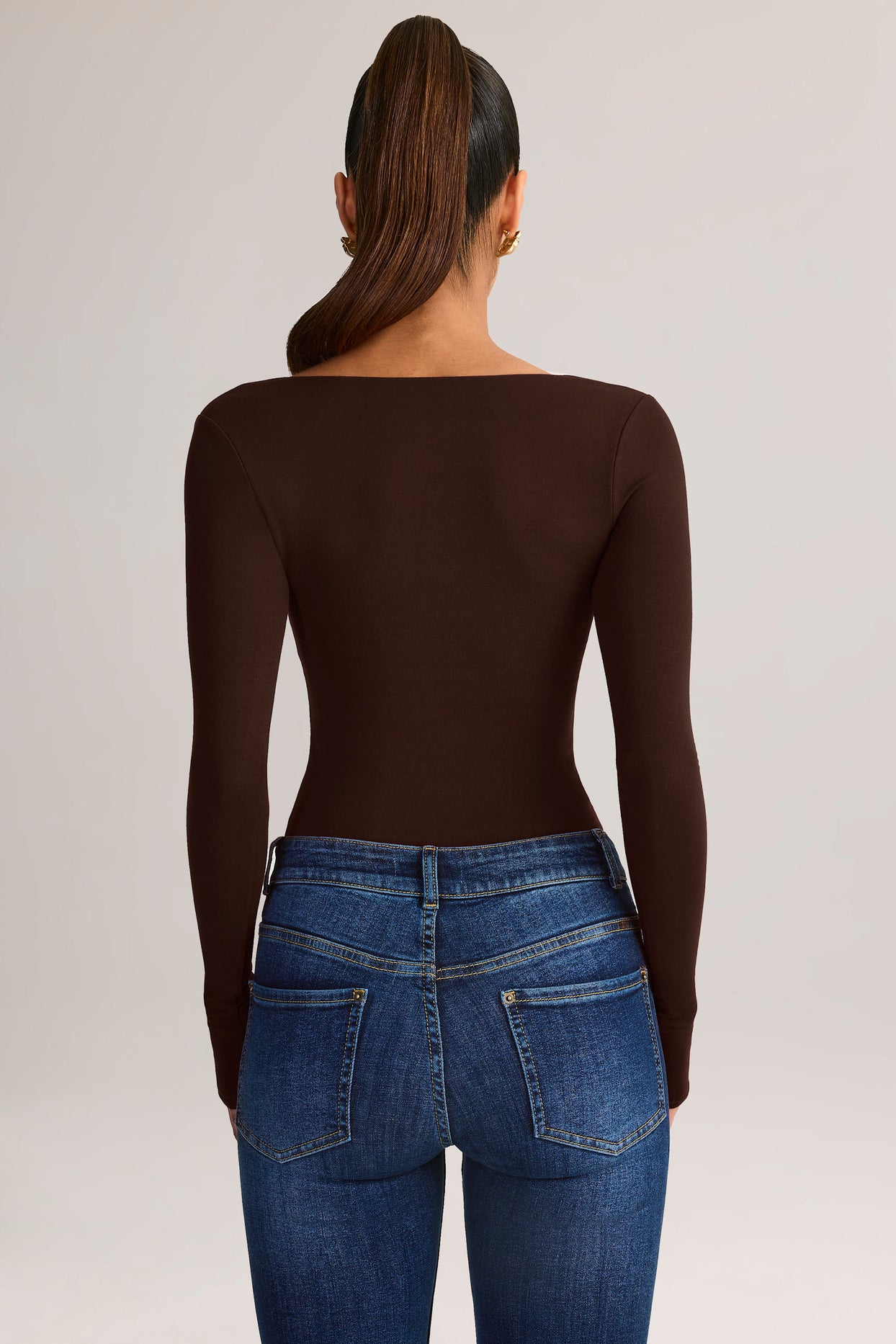 Modal Square-Neck Long-Sleeve Top in Chocolate Brown - 2
