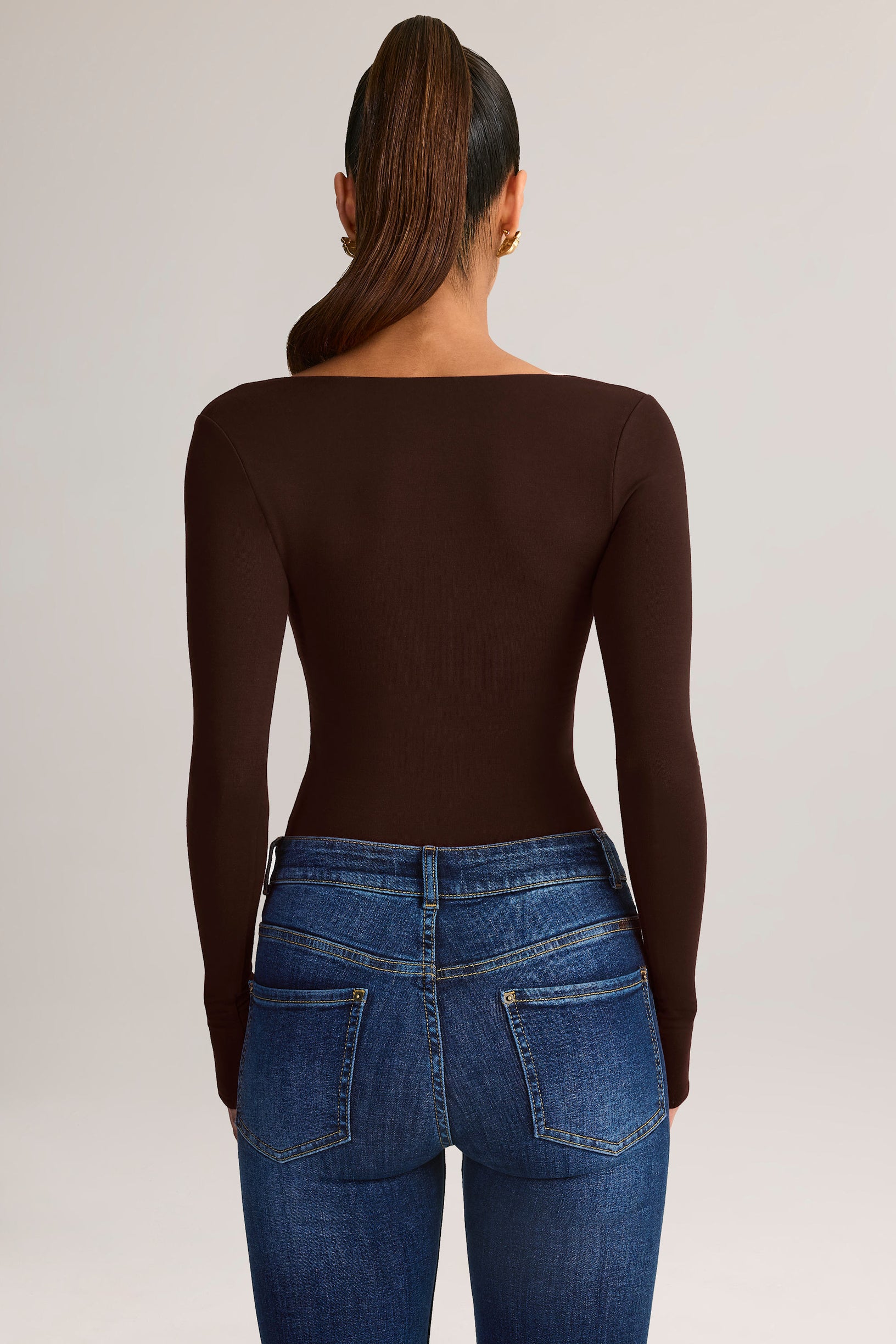 Modal Square-Neck Long-Sleeve Top in Chocolate Brown - 2
