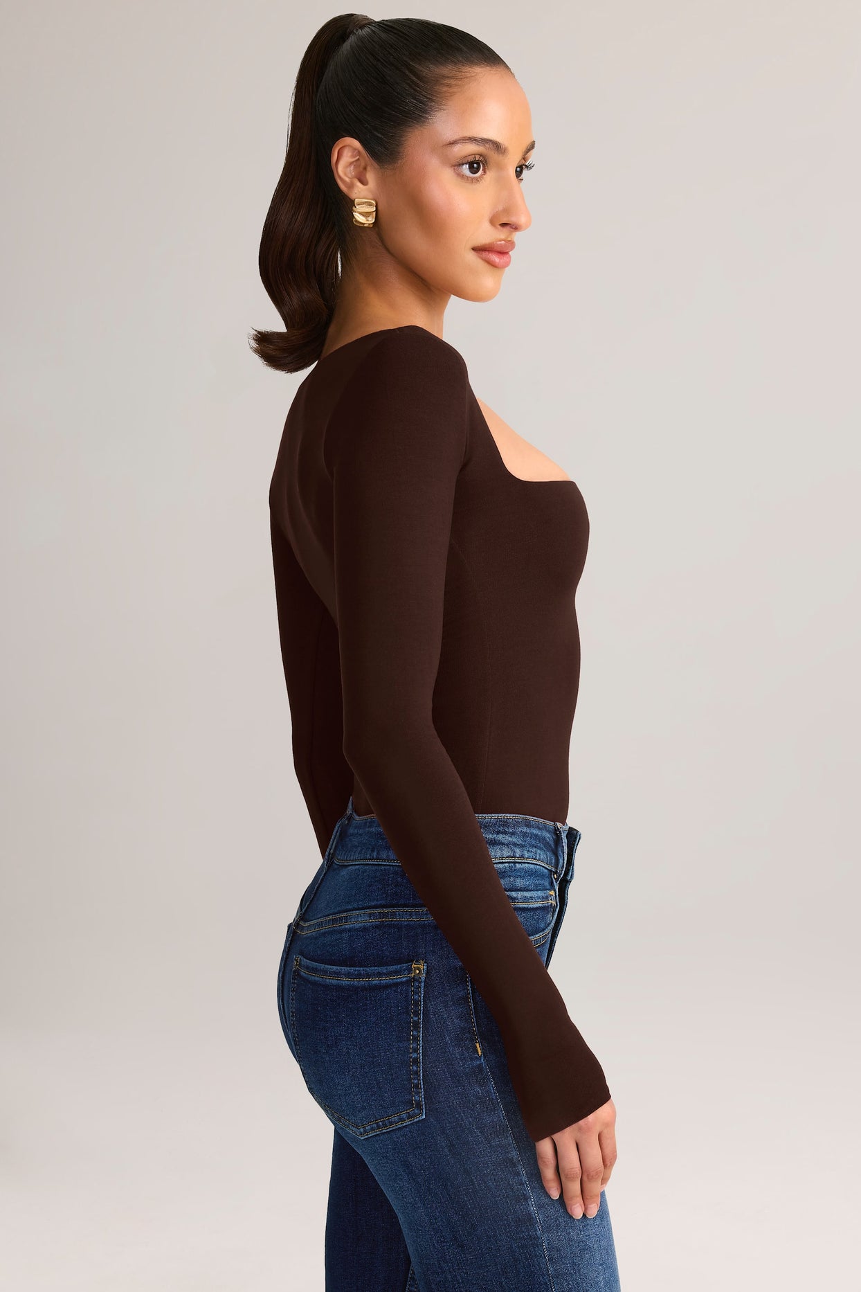 Modal Square-Neck Long-Sleeve Top in Chocolate Brown - 3