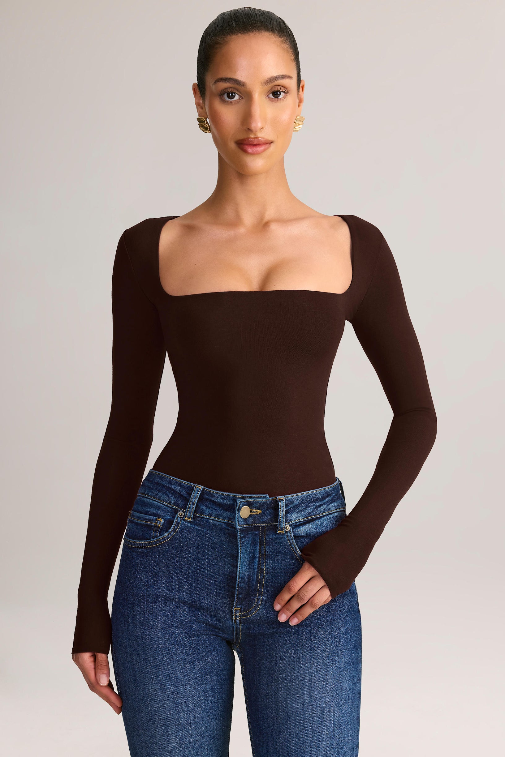 Modal Square-Neck Long-Sleeve Top in Chocolate Brown - 1