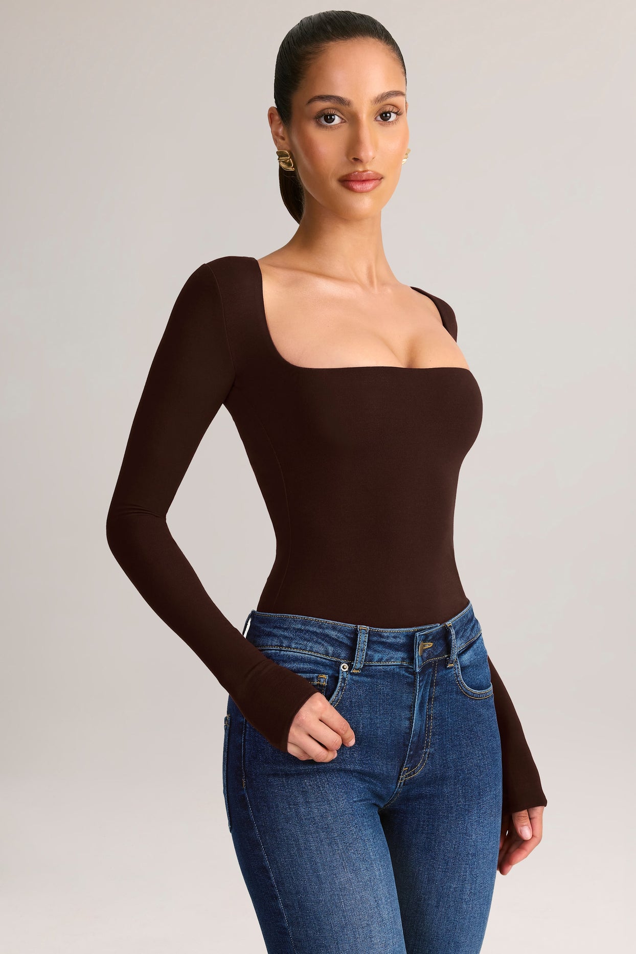 Modal Square-Neck Long-Sleeve Top in Chocolate Brown - 4