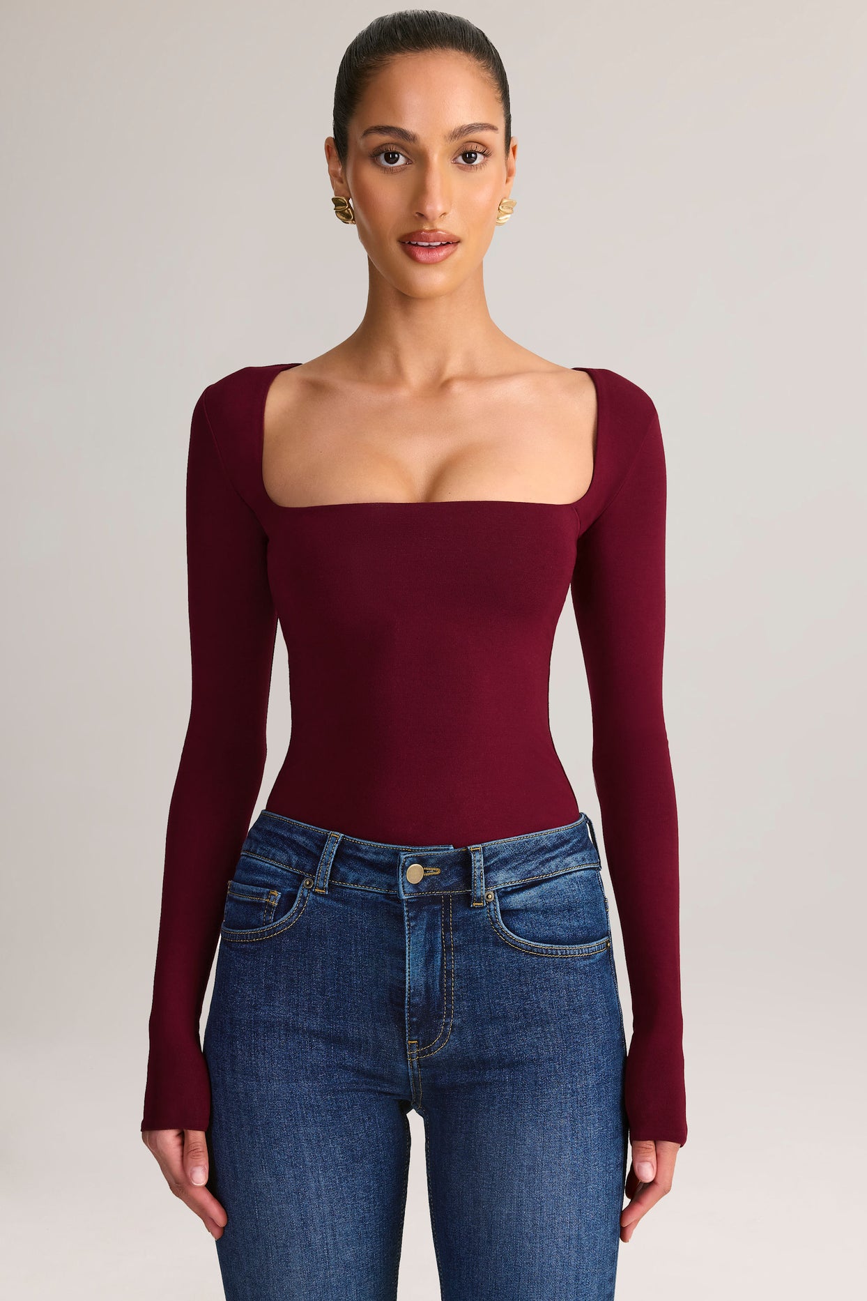 Modal Square-Neck Long-Sleeve Top in Wine - 1
