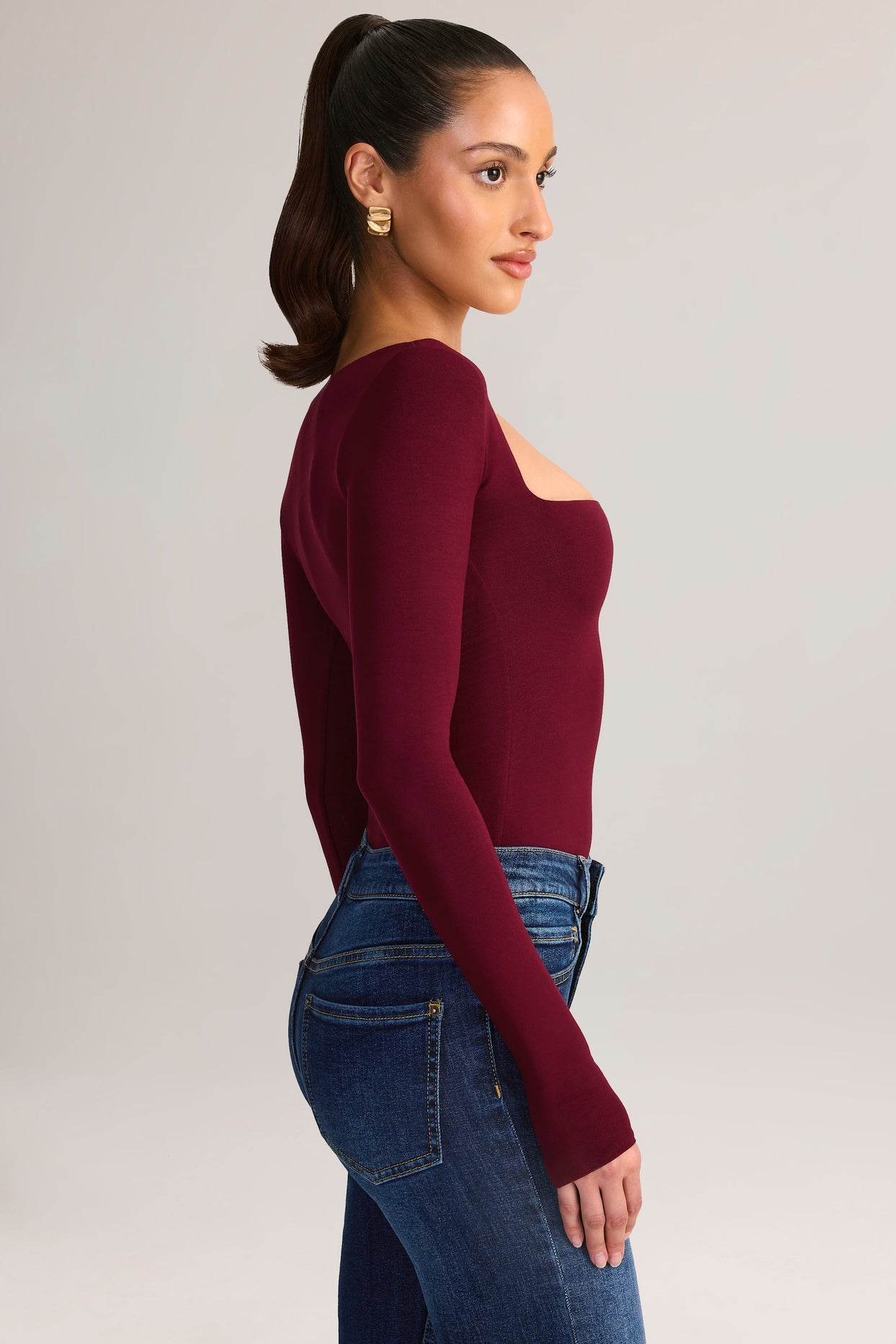 Modal Square-Neck Long-Sleeve Top in Wine - 3