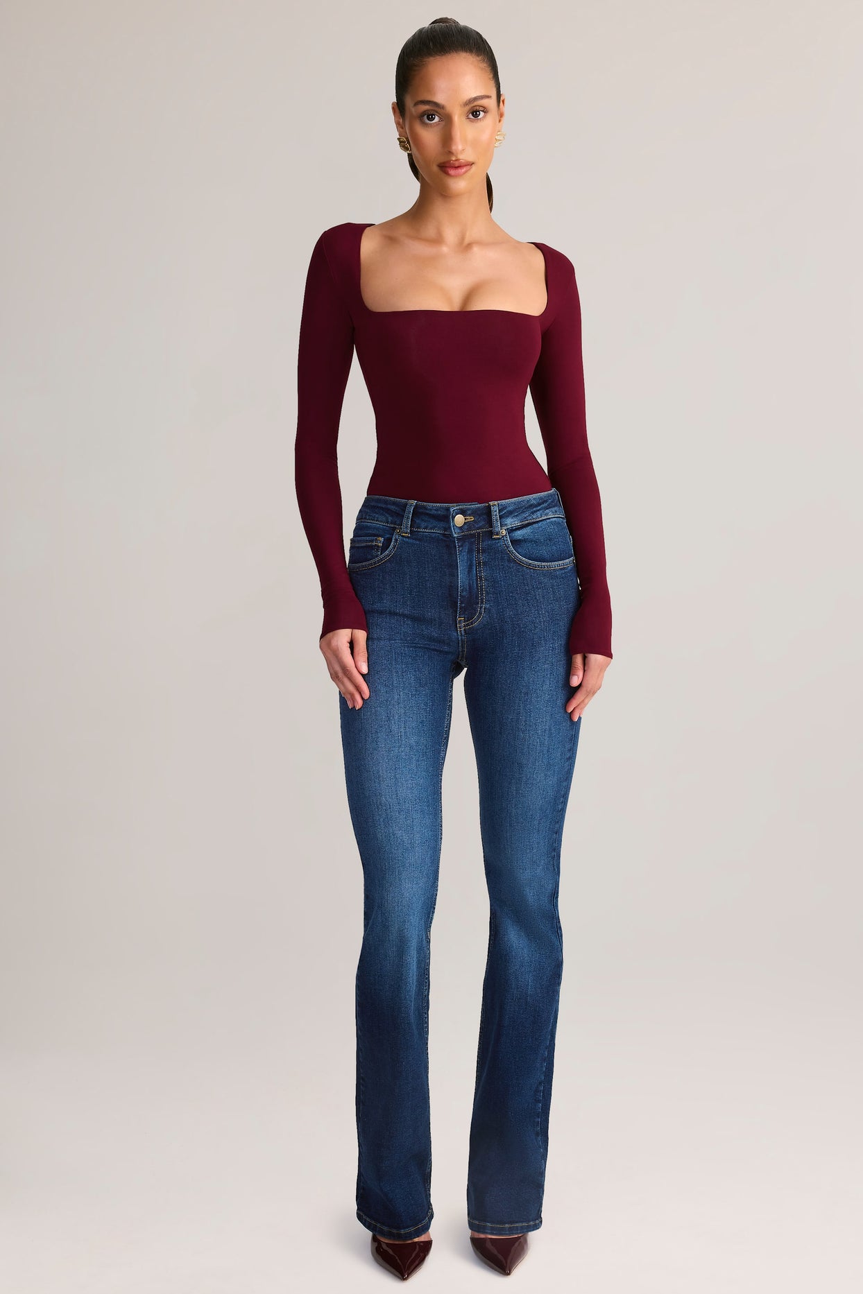 Modal Square-Neck Long-Sleeve Top in Wine - 6