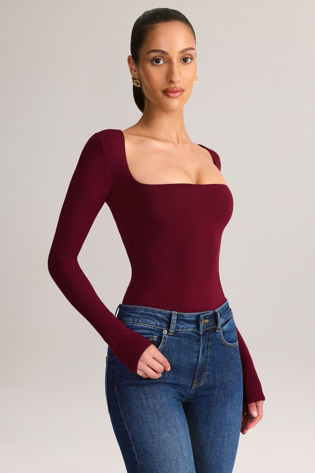 Modal Square-Neck Long-Sleeve Top in Wine - 4