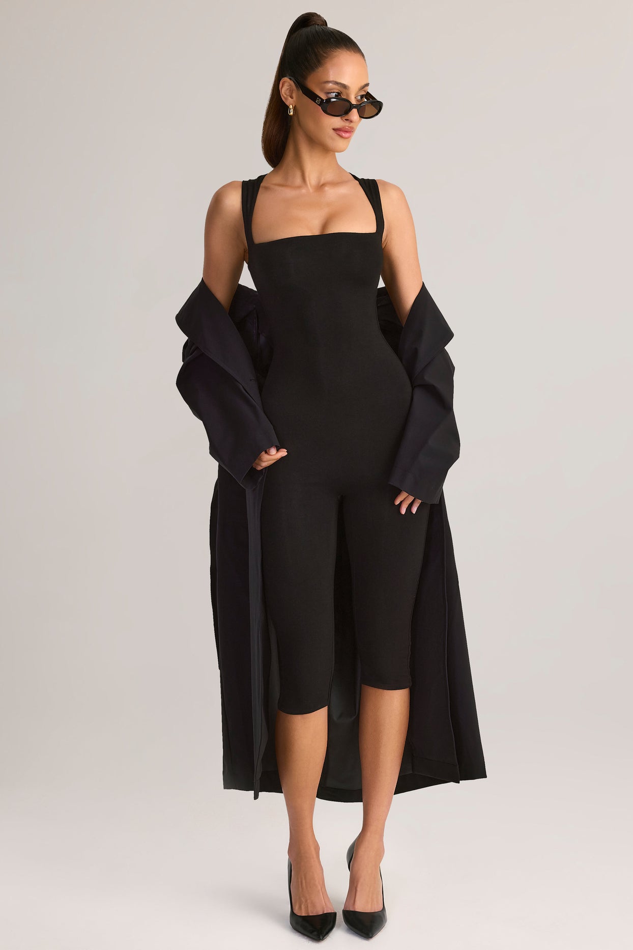 Modal Square-Neck Bodycon Capri Jumpsuit in Black - 5