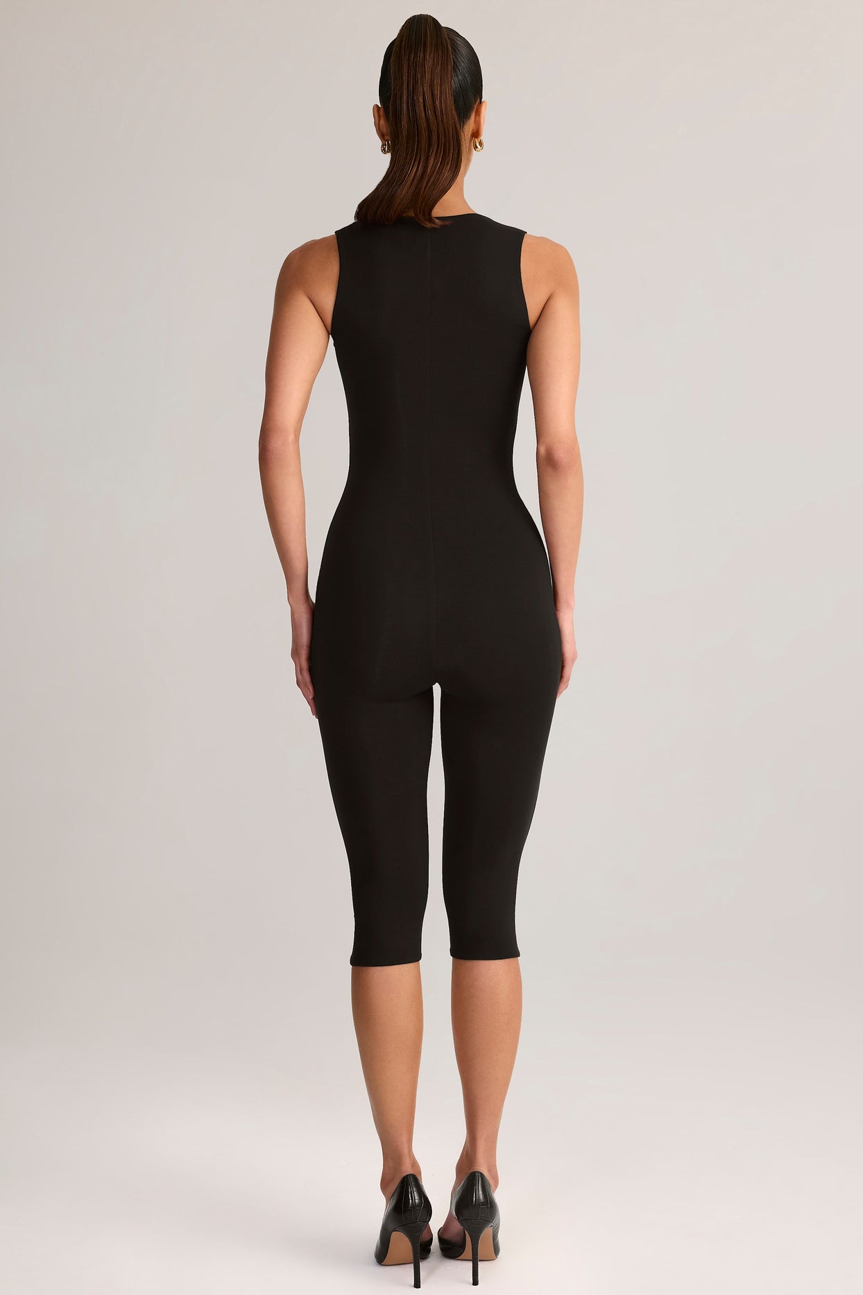 Modal Square-Neck Bodycon Capri Jumpsuit in Black - 2
