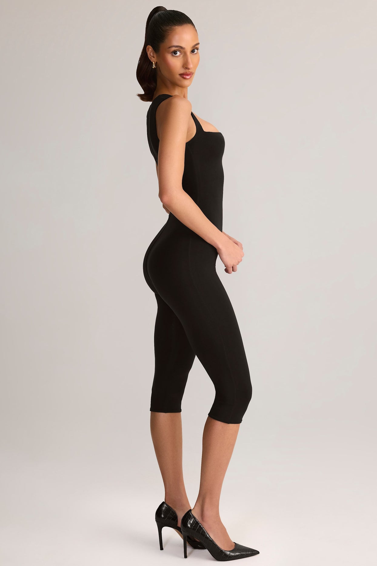 Modal Square-Neck Bodycon Capri Jumpsuit in Black - 3