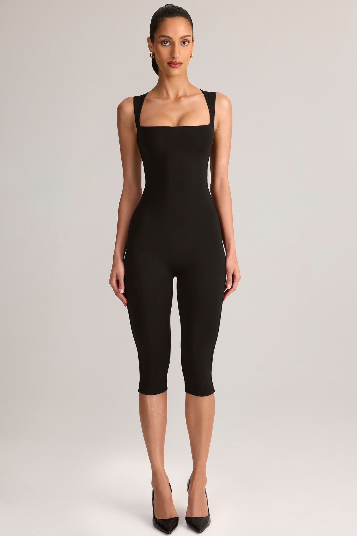 Modal Square-Neck Bodycon Capri Jumpsuit in Black - 6