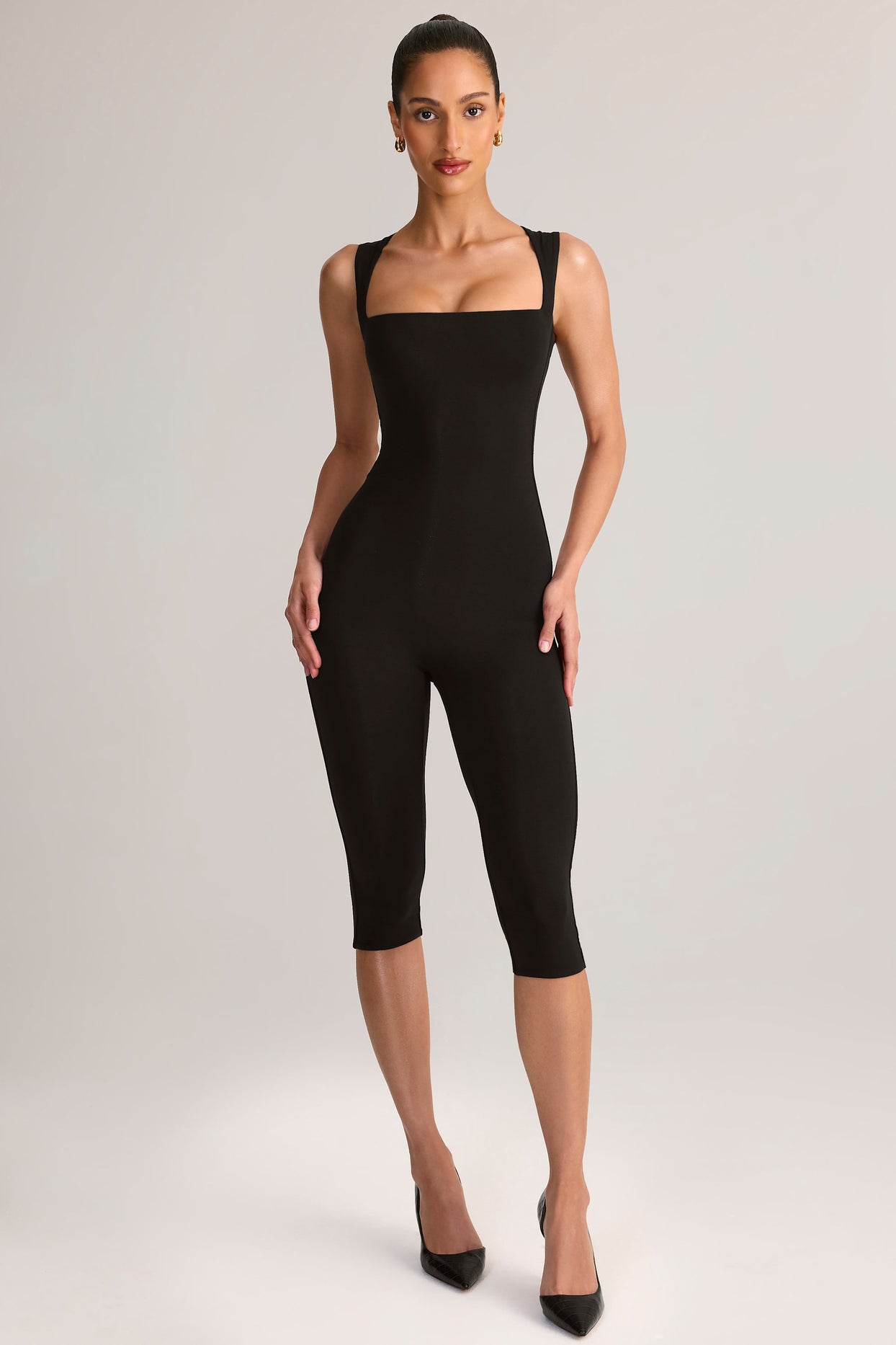Modal Square-Neck Bodycon Capri Jumpsuit in Black - 1