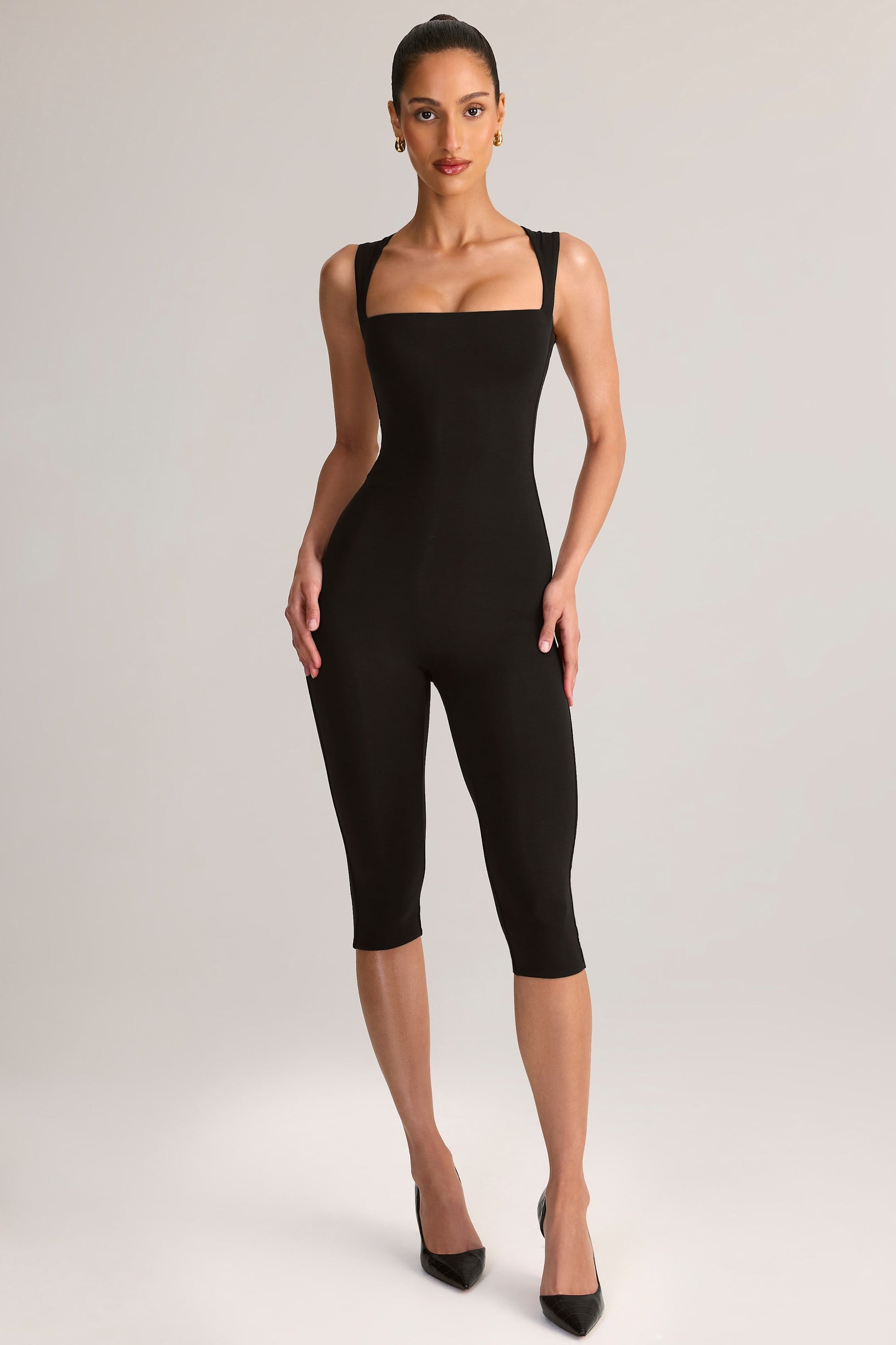 Modal Square-Neck Bodycon Capri Jumpsuit in Black - 1