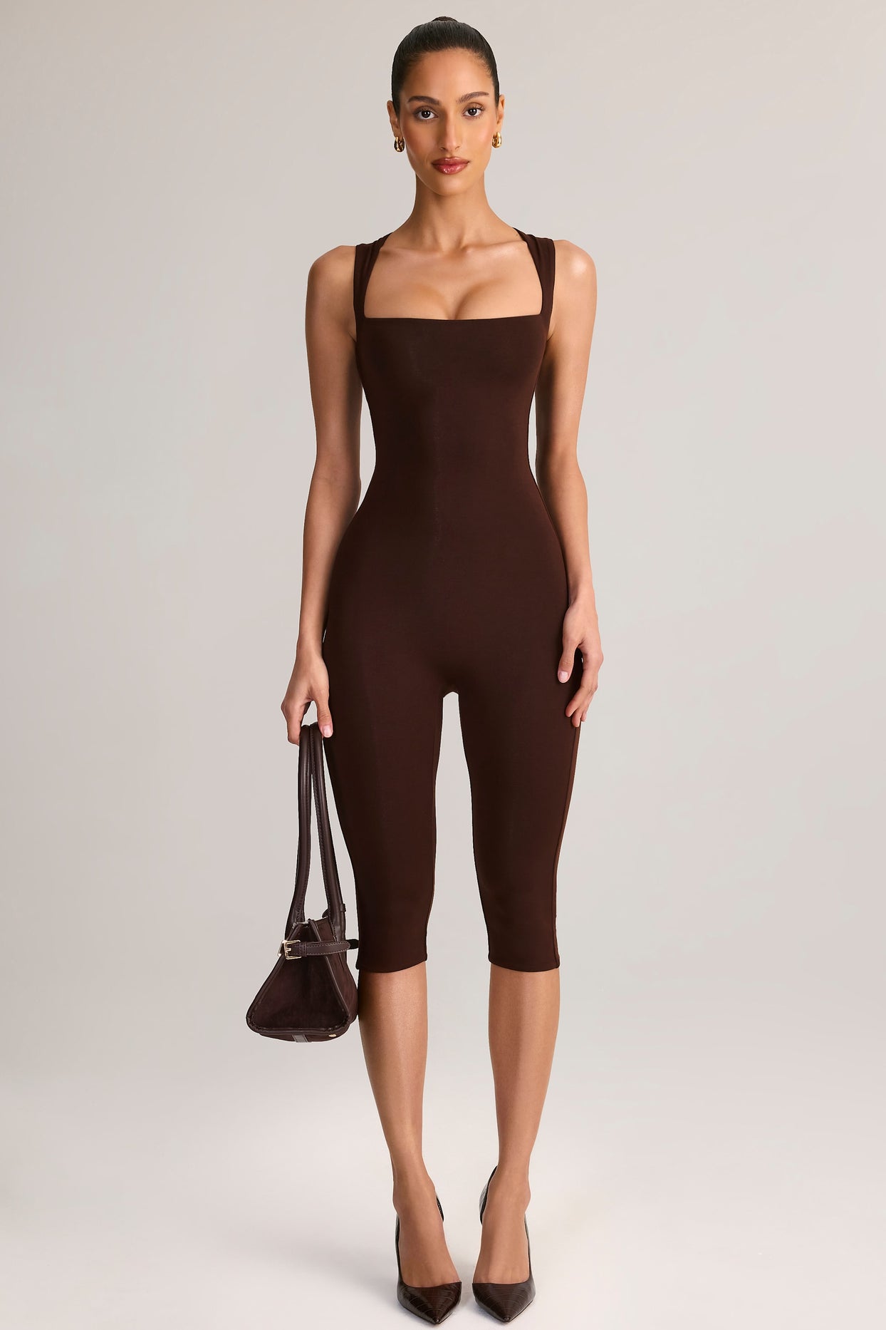 Modal Square-Neck Bodycon Capri Jumpsuit in Chocolate Brown - 1