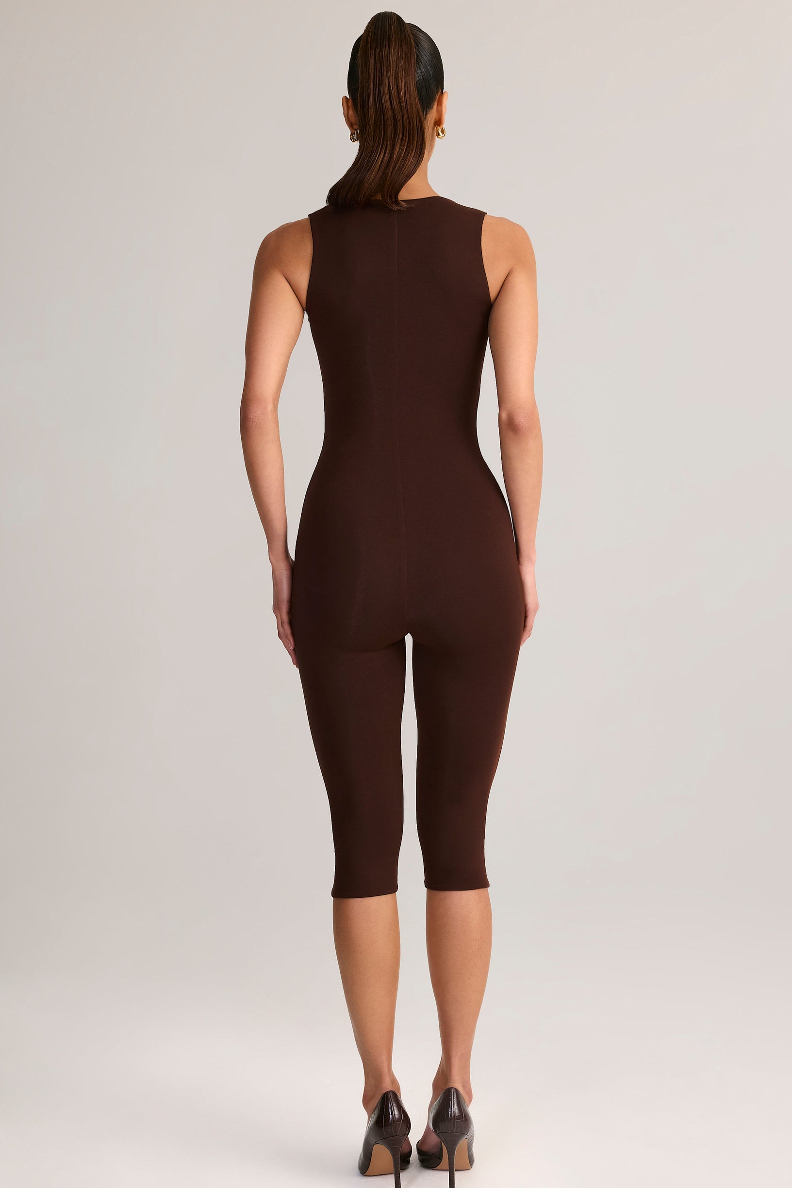 Modal Square-Neck Bodycon Capri Jumpsuit in Chocolate Brown - 2