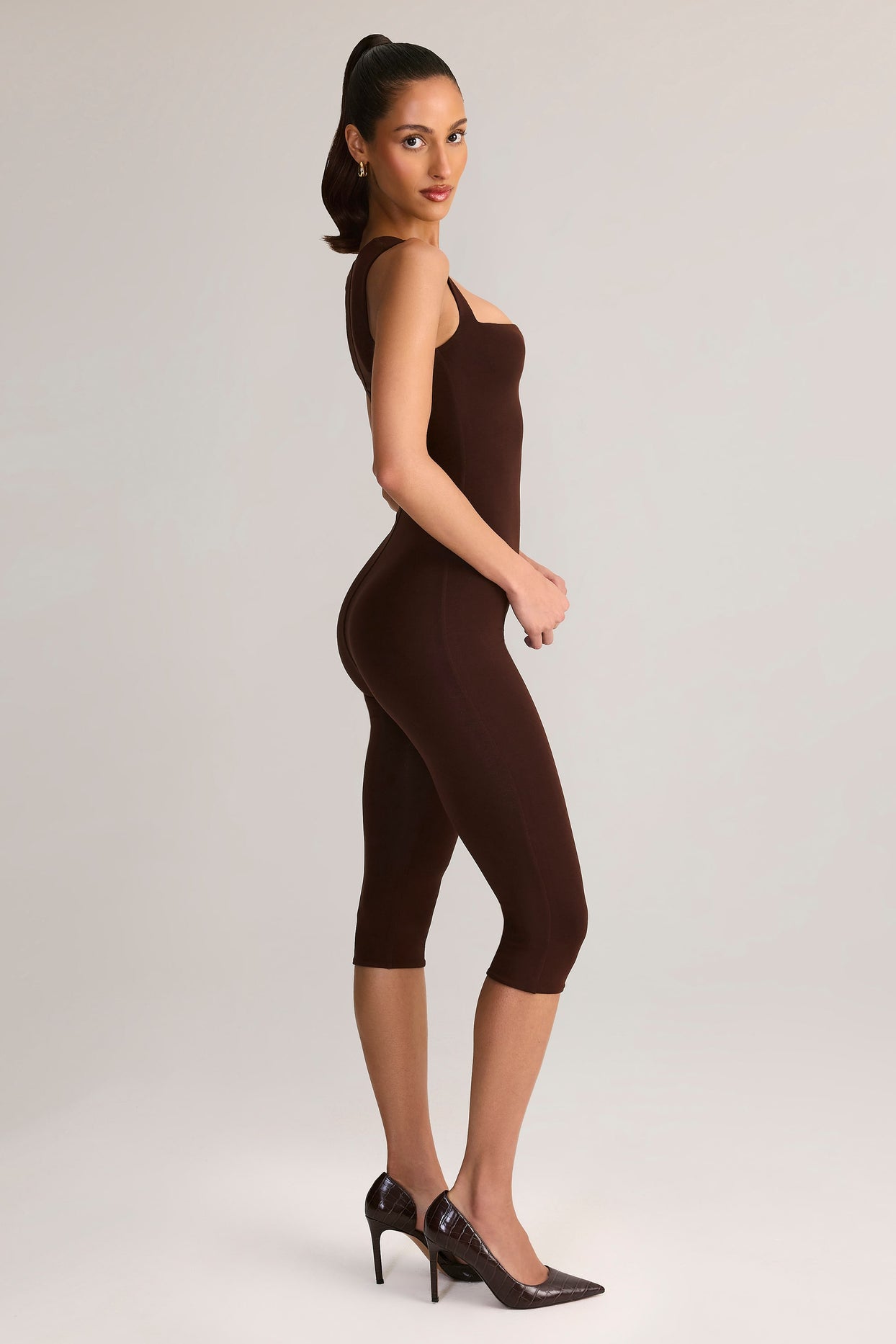 Modal Square-Neck Bodycon Capri Jumpsuit in Chocolate Brown - 3