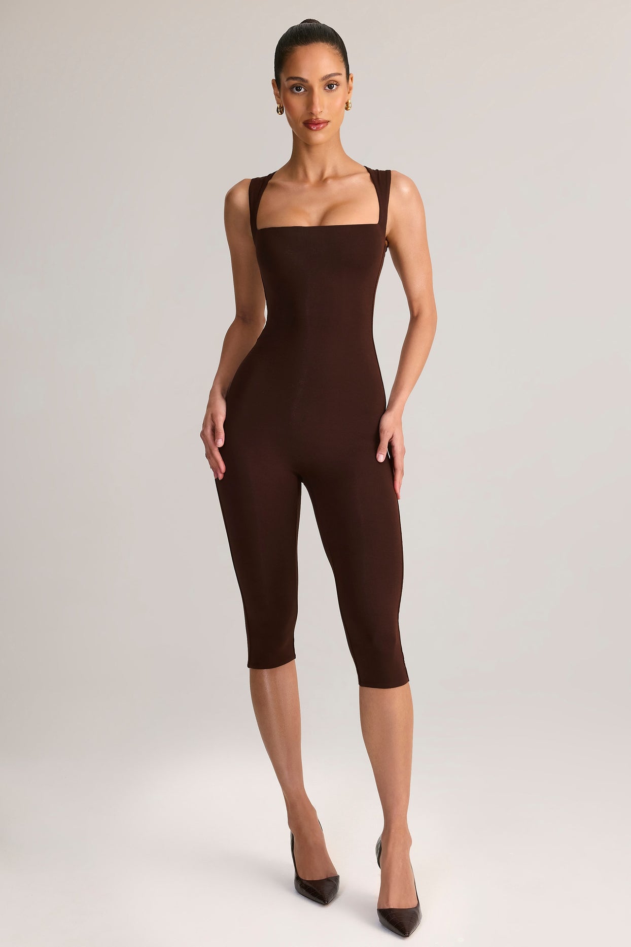 Modal Square-Neck Bodycon Capri Jumpsuit in Chocolate Brown - 5
