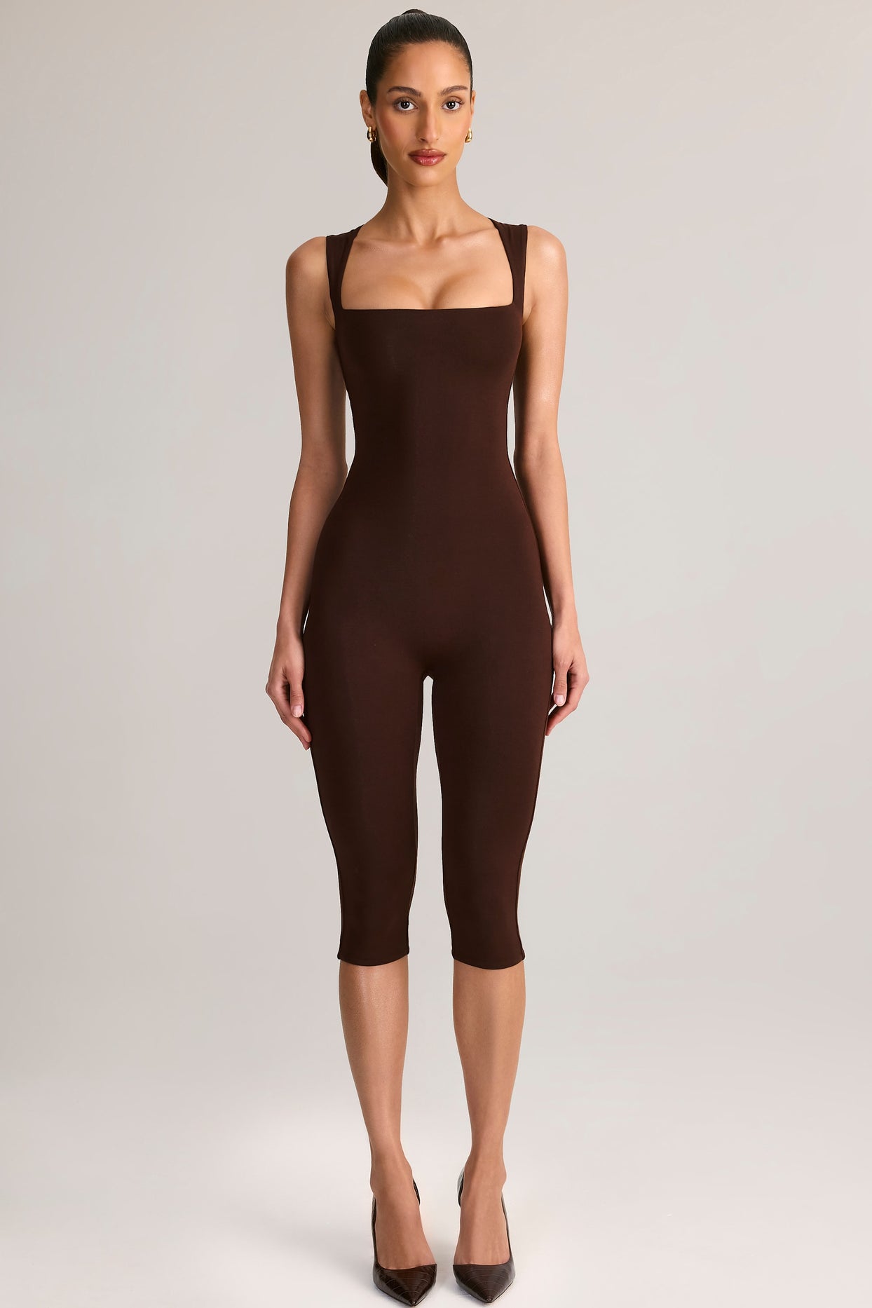 Modal Square-Neck Bodycon Capri Jumpsuit in Chocolate Brown - 6