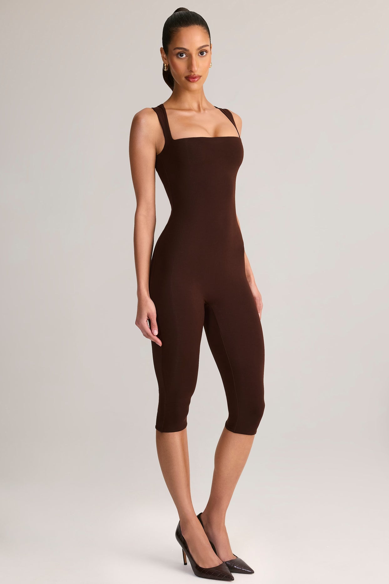 Modal Square-Neck Bodycon Capri Jumpsuit in Chocolate Brown - 7