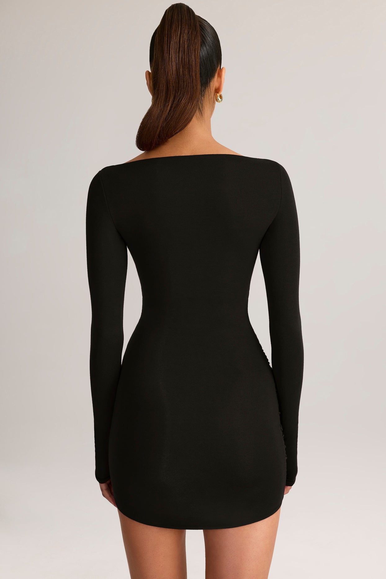 Modal Boat-Neck Draped Long-Sleeve Mini Dress in Black - 2