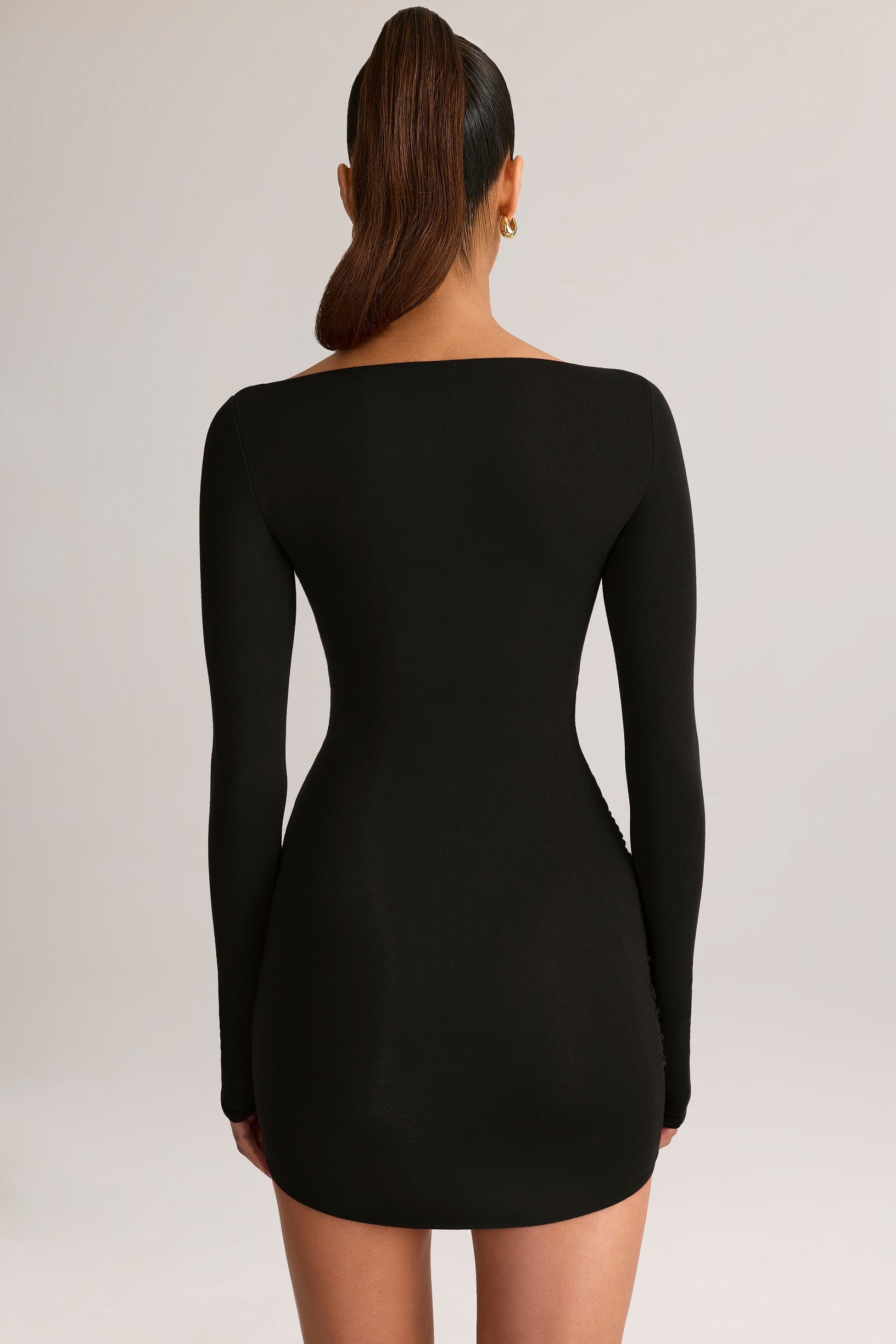 Modal Boat-Neck Draped Long-Sleeve Mini Dress in Black - 2