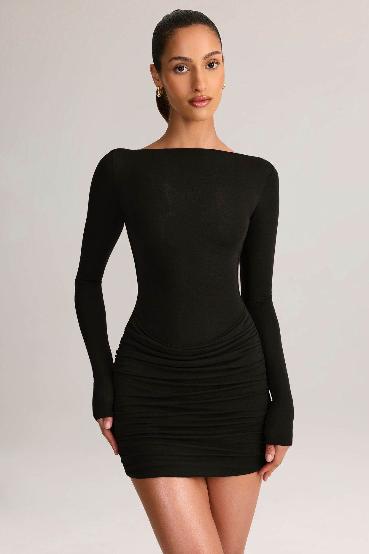 Modal Boat-Neck Draped Long-Sleeve Mini Dress in Black - 5