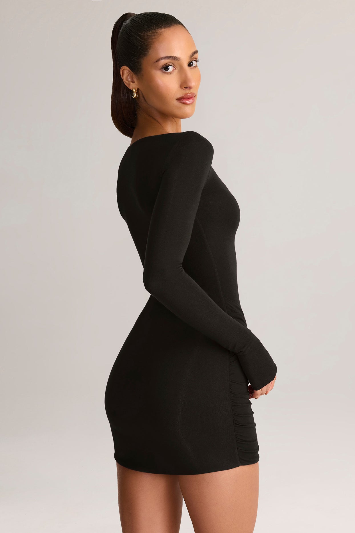 Modal Boat-Neck Draped Long-Sleeve Mini Dress in Black - 7
