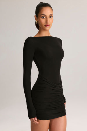 Modal Draped Long-Sleeve Mini Dress in Black