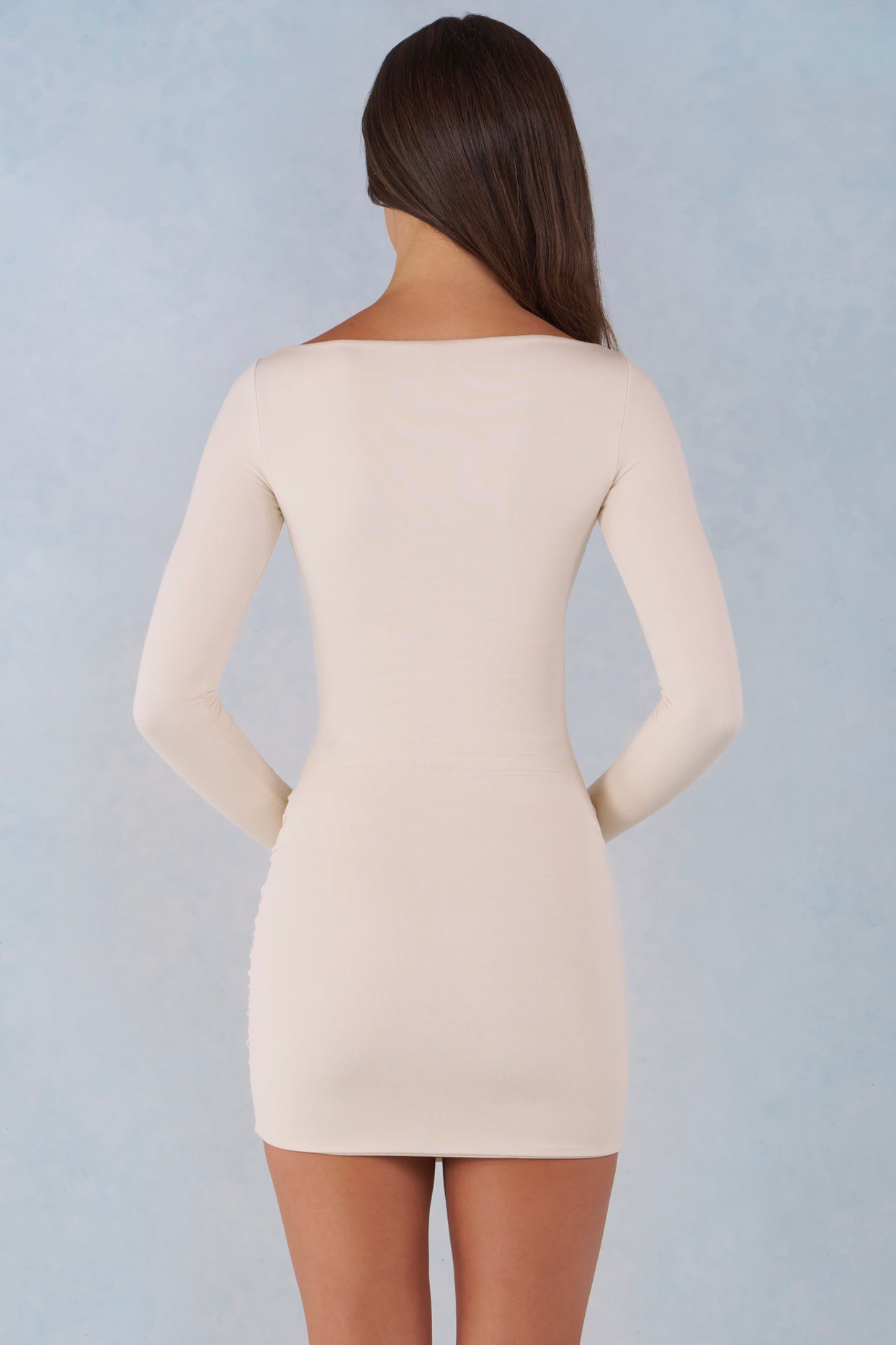 Modal Boat-Neck Draped Long-Sleeve Mini Dress in Ivory - 3