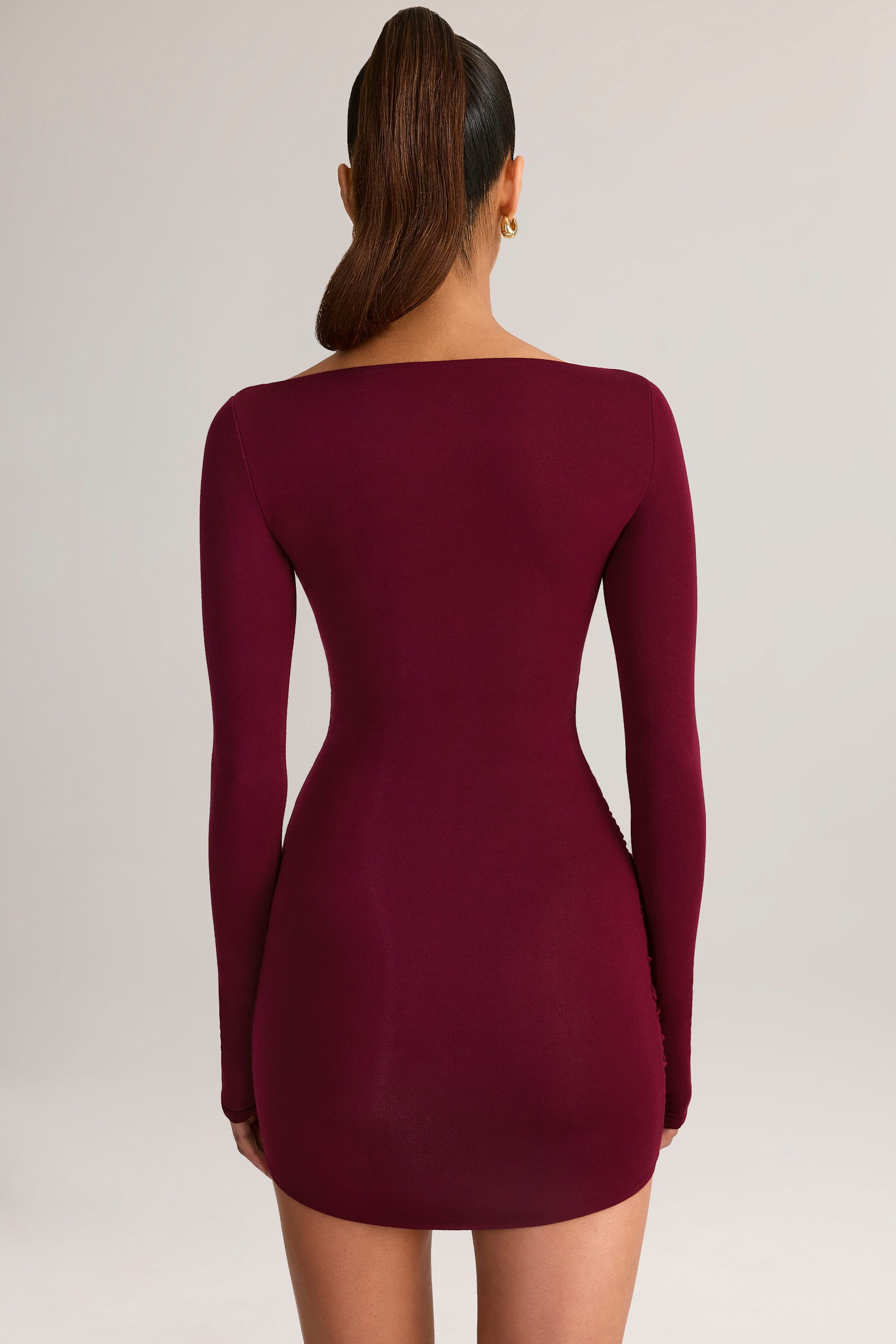 Modal Boat-Neck Draped Long-Sleeve Mini Dress in Wine - 2