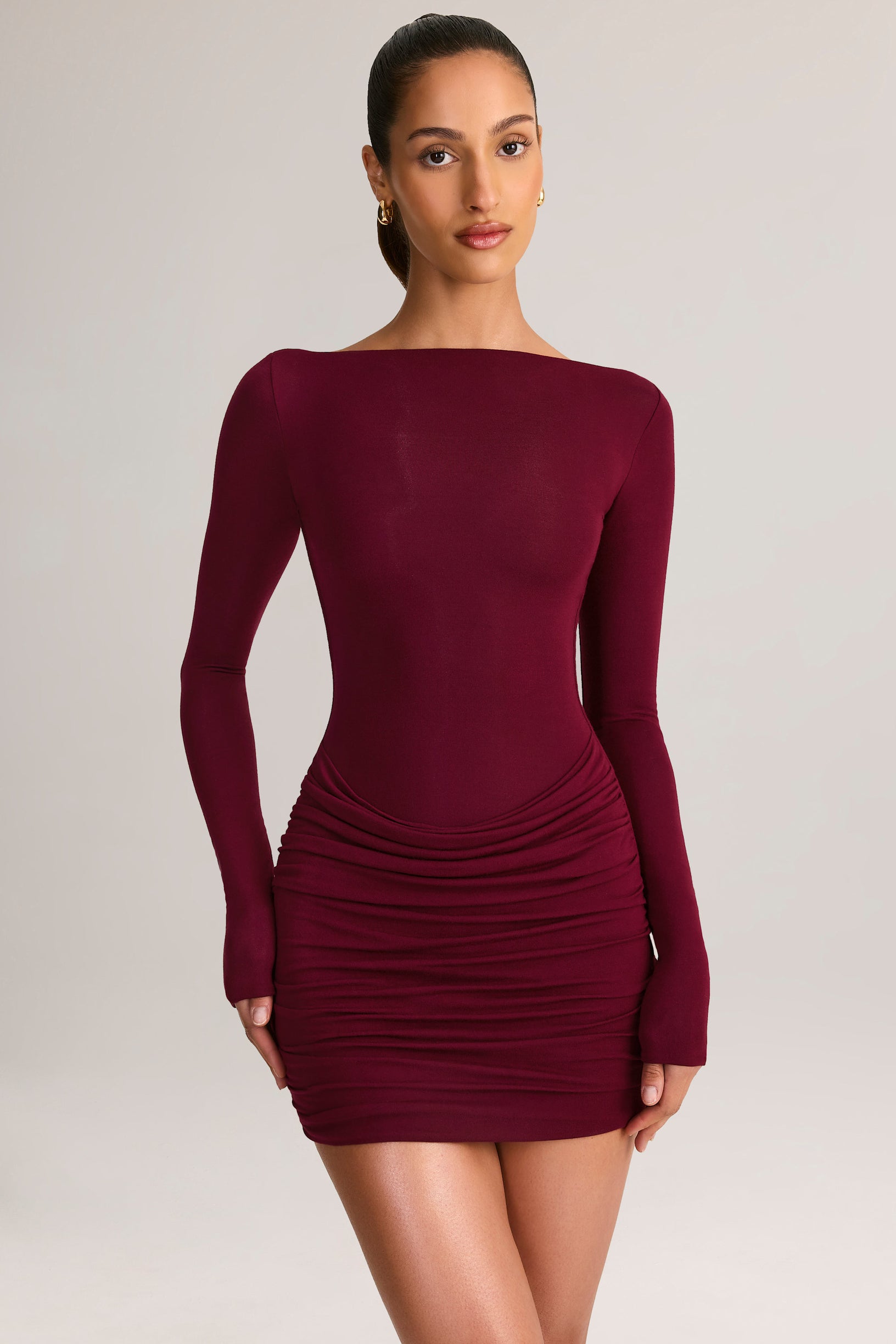 Modal Boat-Neck Draped Long-Sleeve Mini Dress in Wine - 1