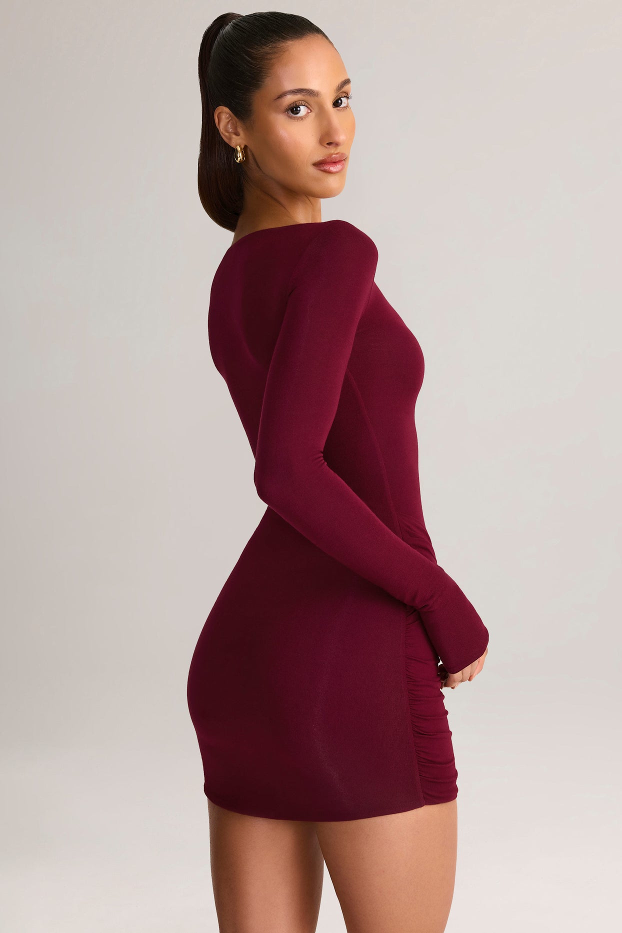 Modal Boat-Neck Draped Long-Sleeve Mini Dress in Wine - 6