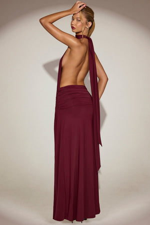 Draped Tie-Neck Maxi Dress in Wine Red