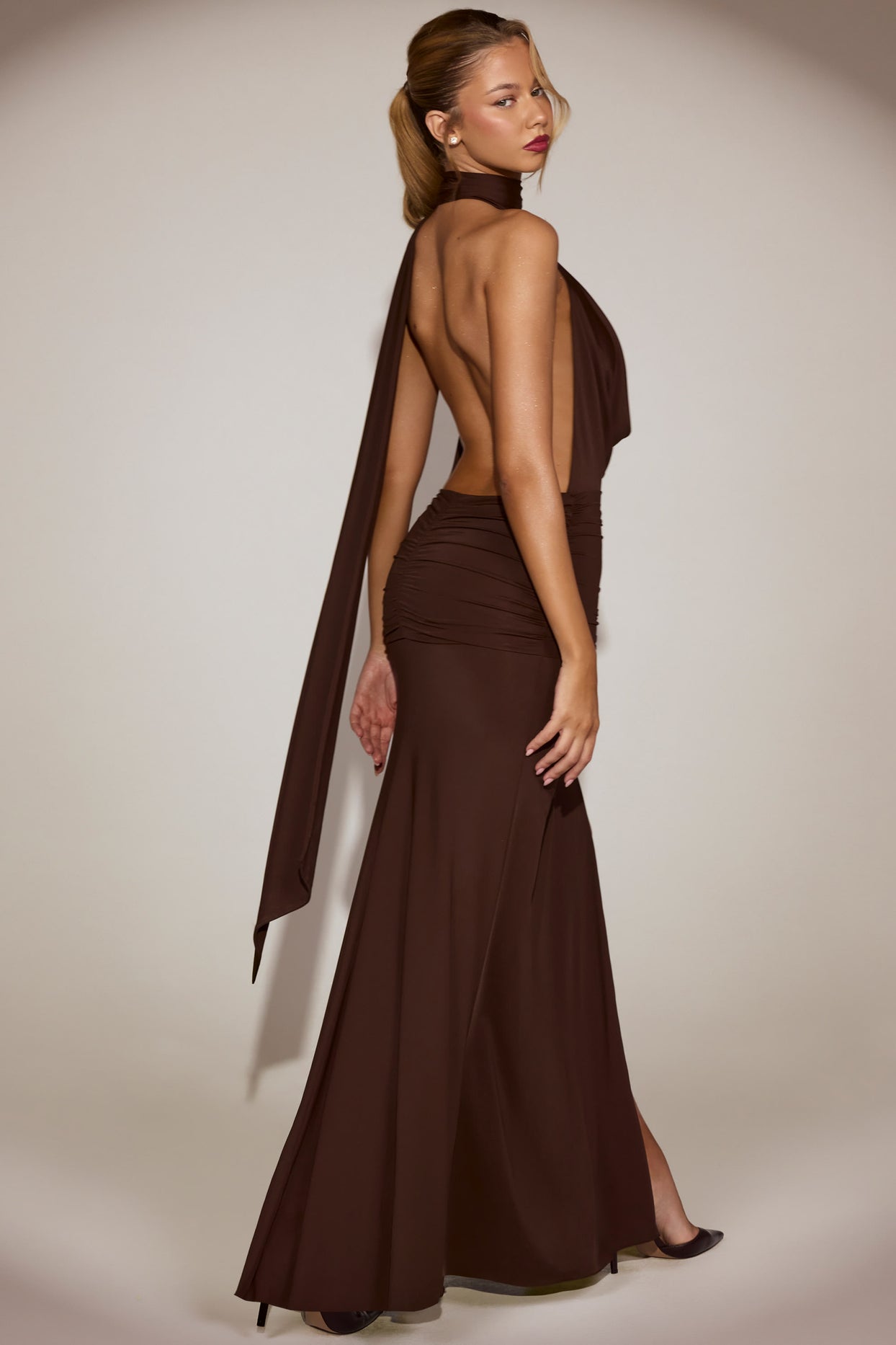 Soft-Jersey Plunge Halterneck Maxi Dress in Chocolate Brown - 9