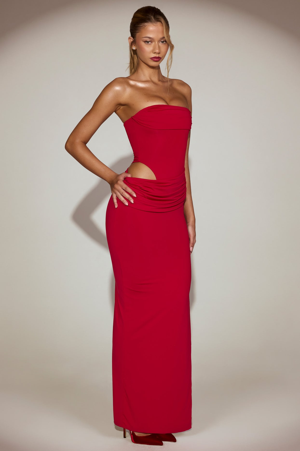 Soft-Jersey Bandeau Cut-Out Maxi Dress in True Red - 8
