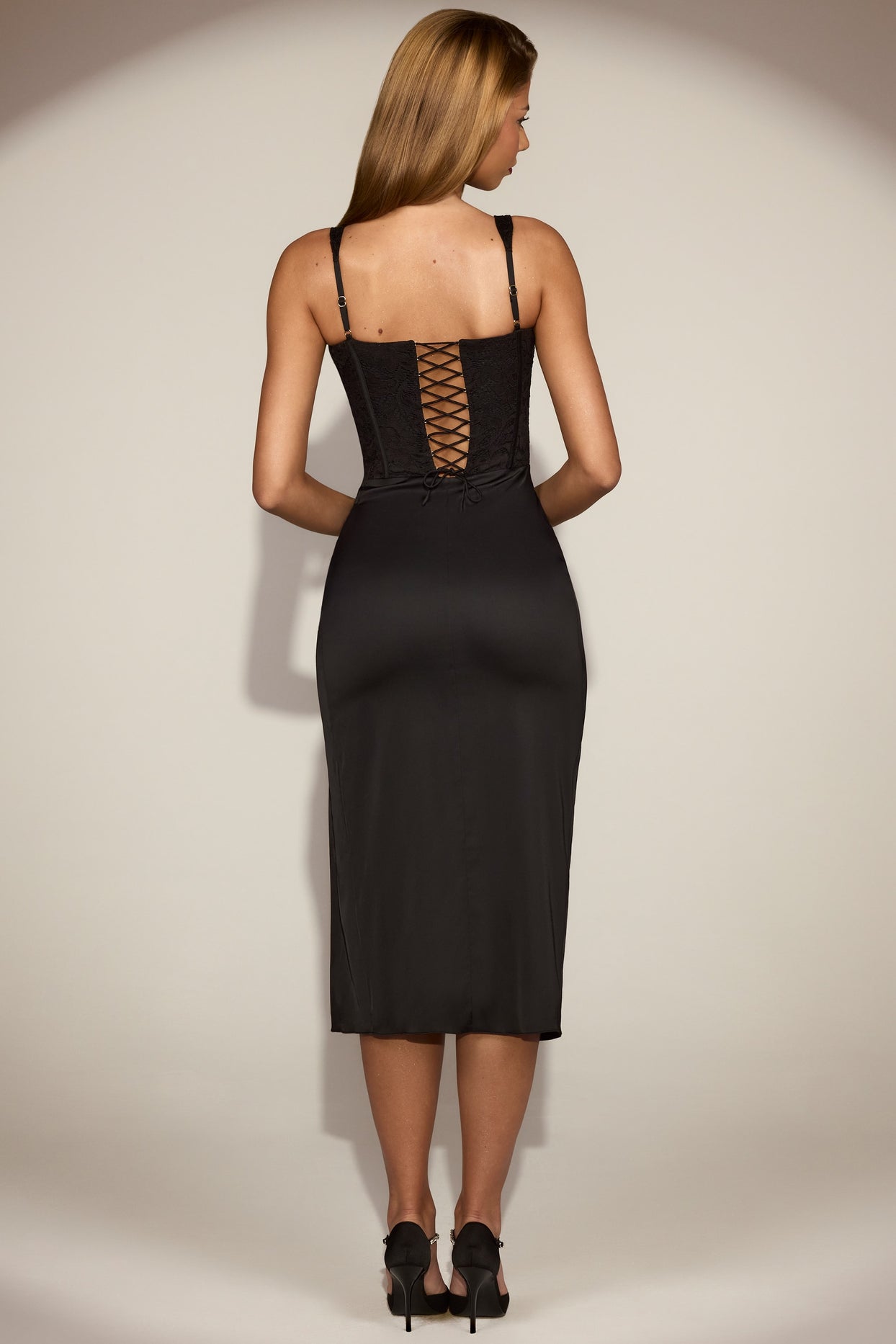 Lace Soft-Scoop Corset Satin Midaxi Dress in Black - 6