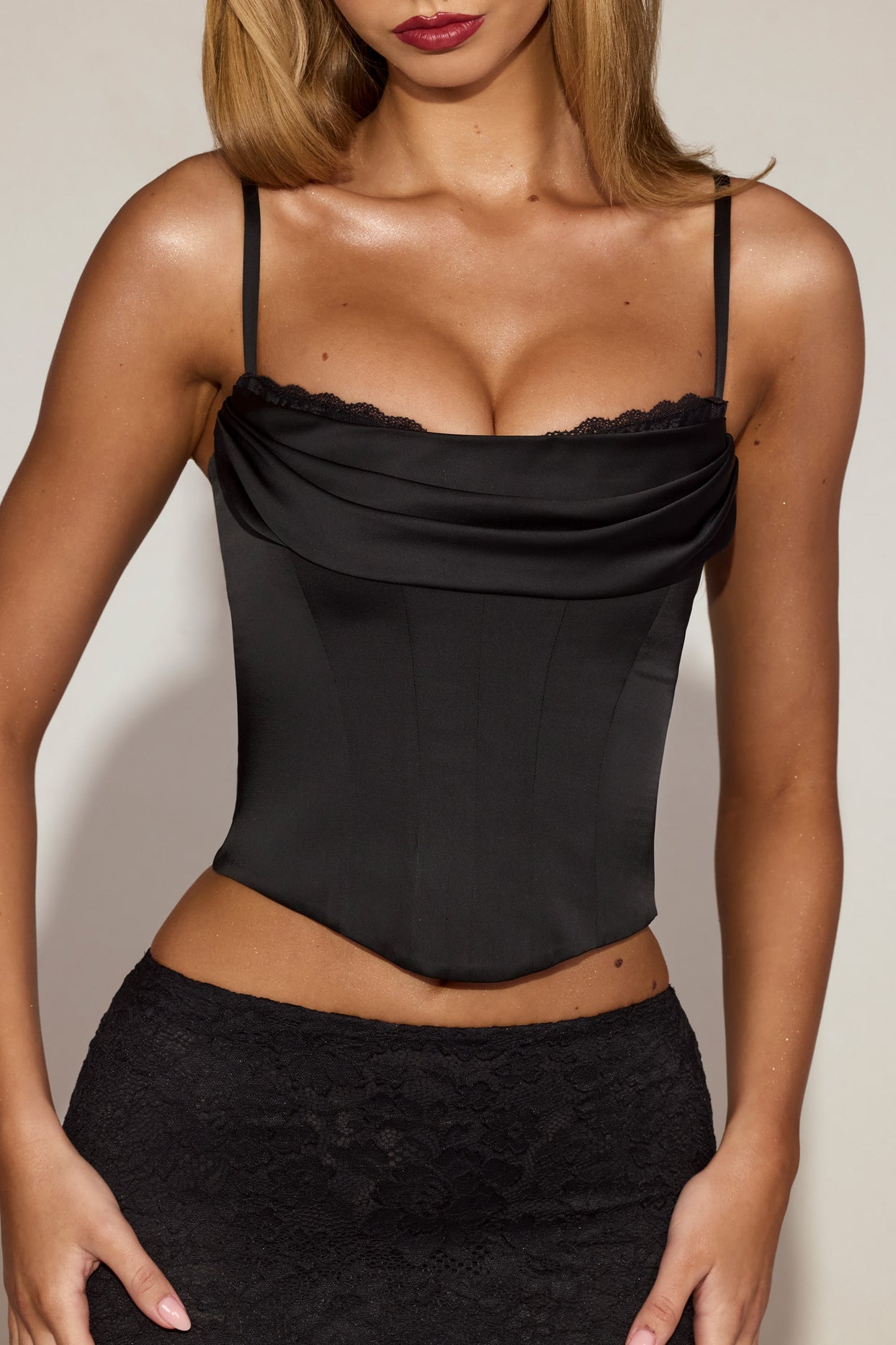 Satin Cowl-Neck Lace-Up Corset Top in Black - 3
