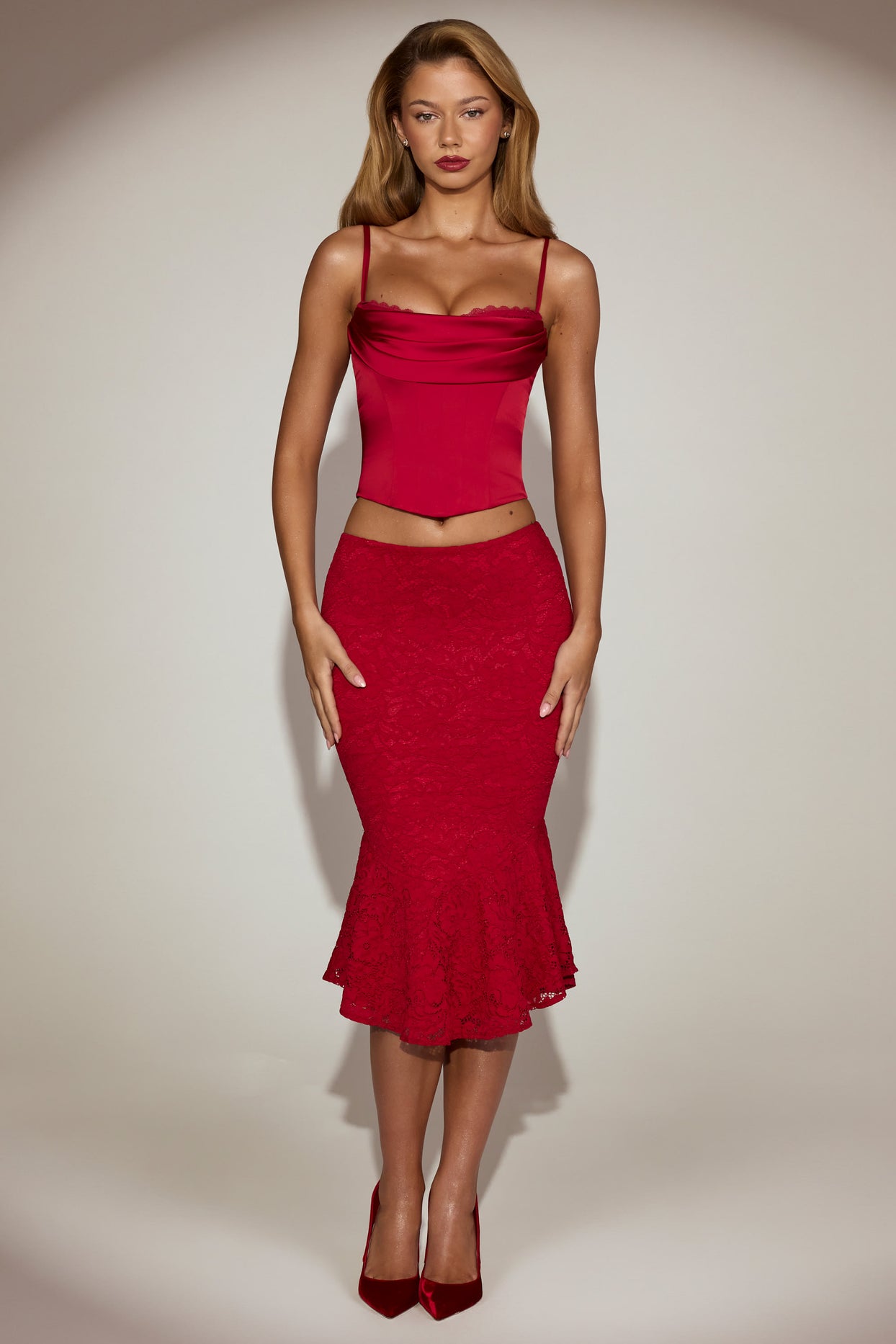 Satin Cowl-Neck Lace-Up Corset Top in True Red - 7