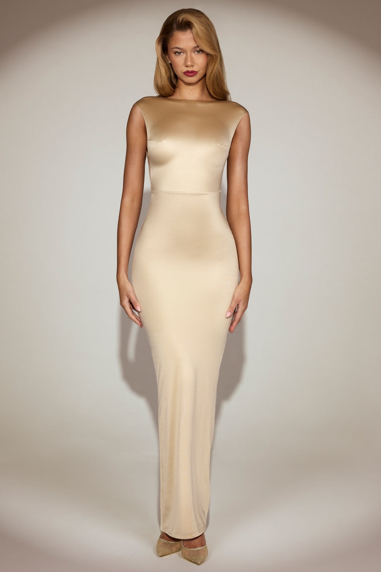 Satin Boat-Neck Twist-Back Maxi Dress in Champagne - 7